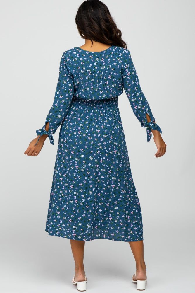 Dark Teal Floral Button Front Midi Dress sold by Pinkblush product image thumbnail 4