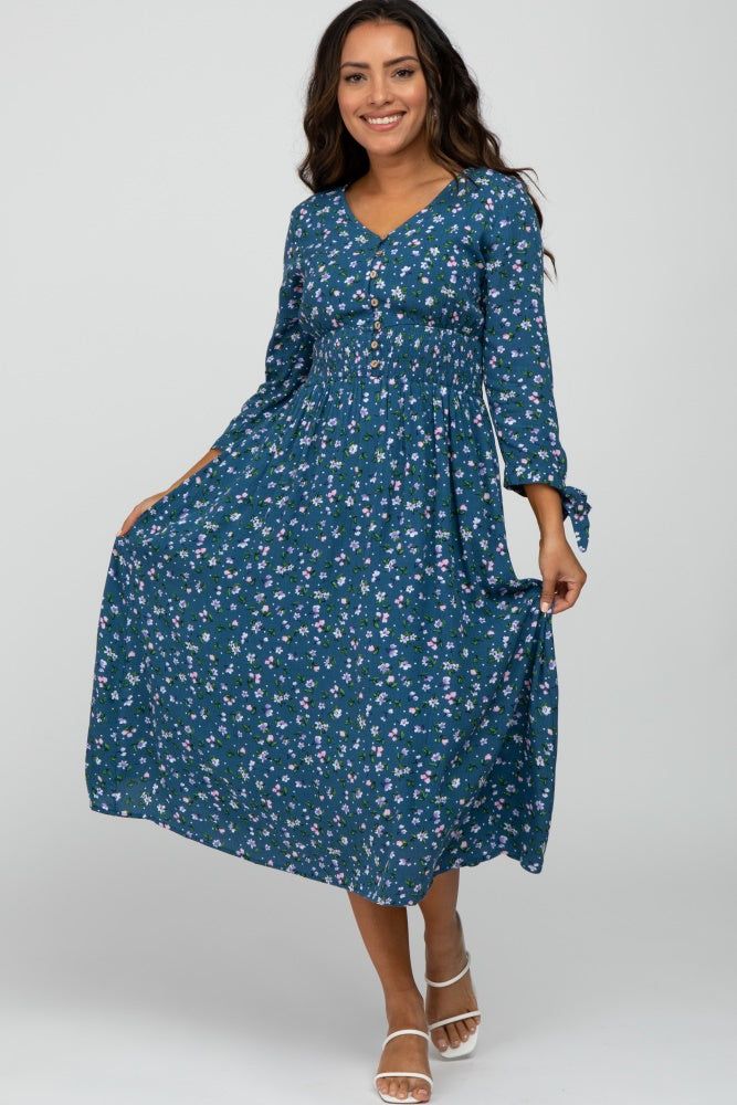 Dark Teal Floral Button Front Midi Dress sold by Pinkblush