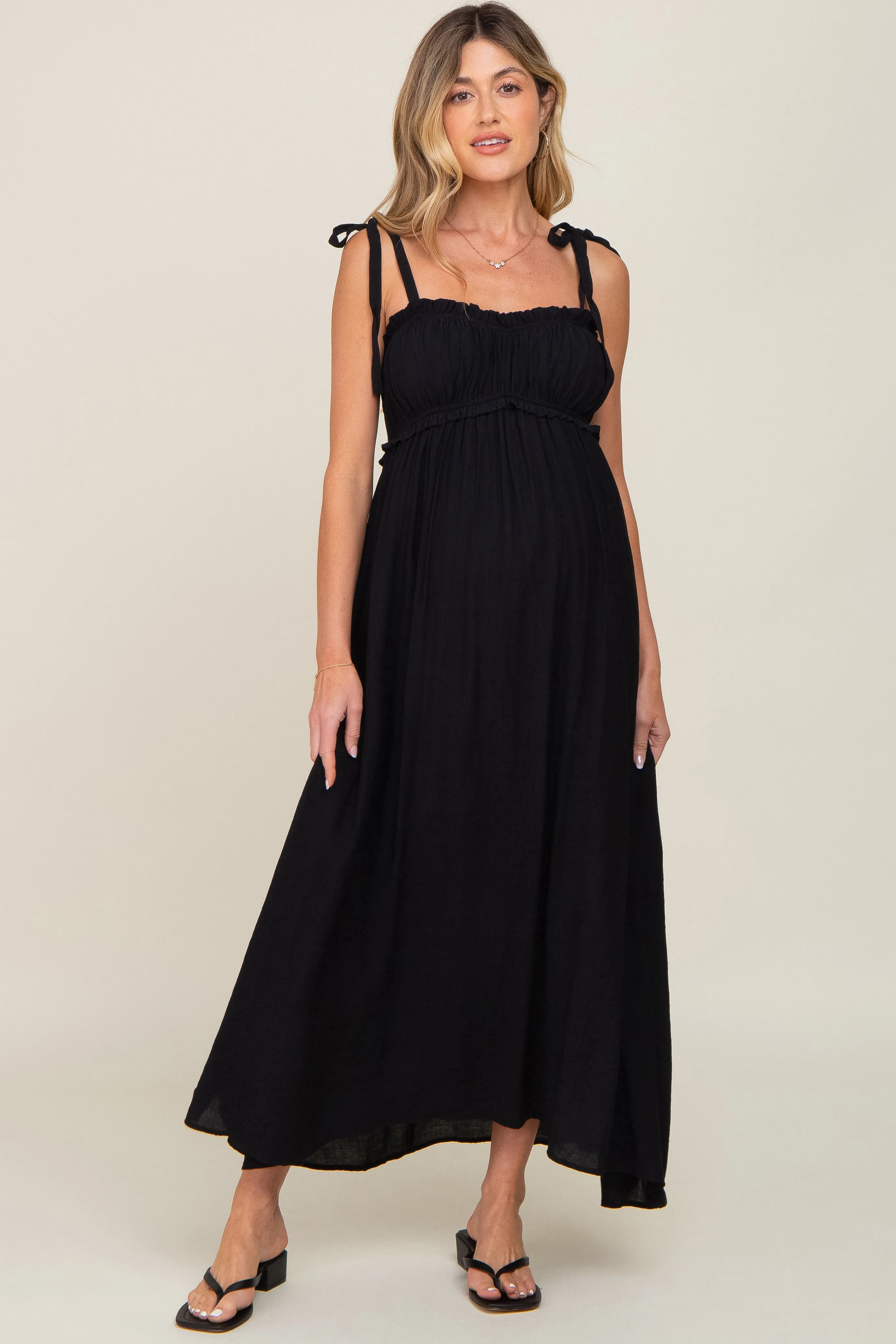 Black Sleeveless Ruffle Trim Maternity Maxi Dress sold by Pinkblush