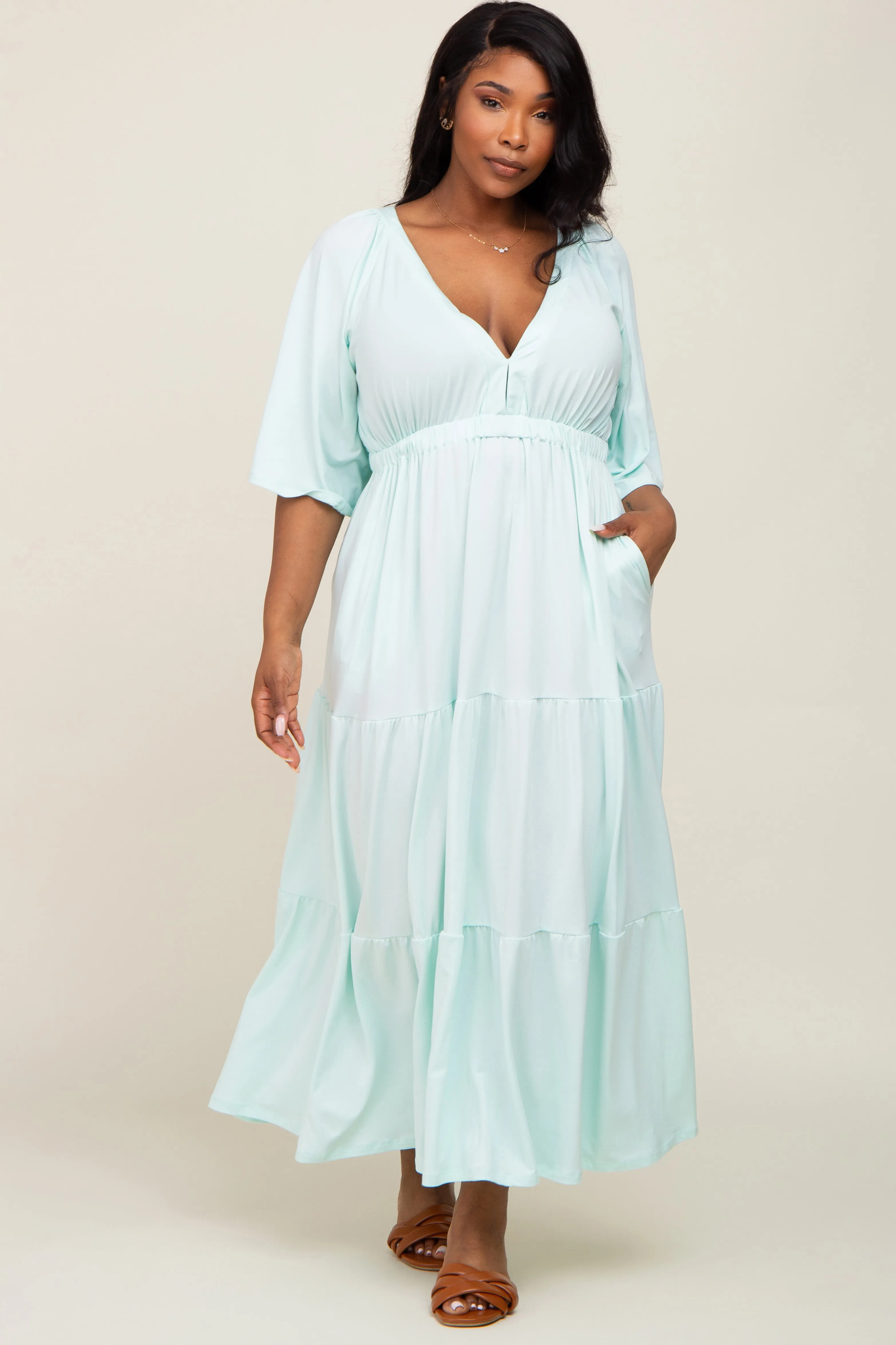 Mint Green Deep V-Neck Tiered Maternity Plus Maxi Dress sold by Pinkblush product image thumbnail 5