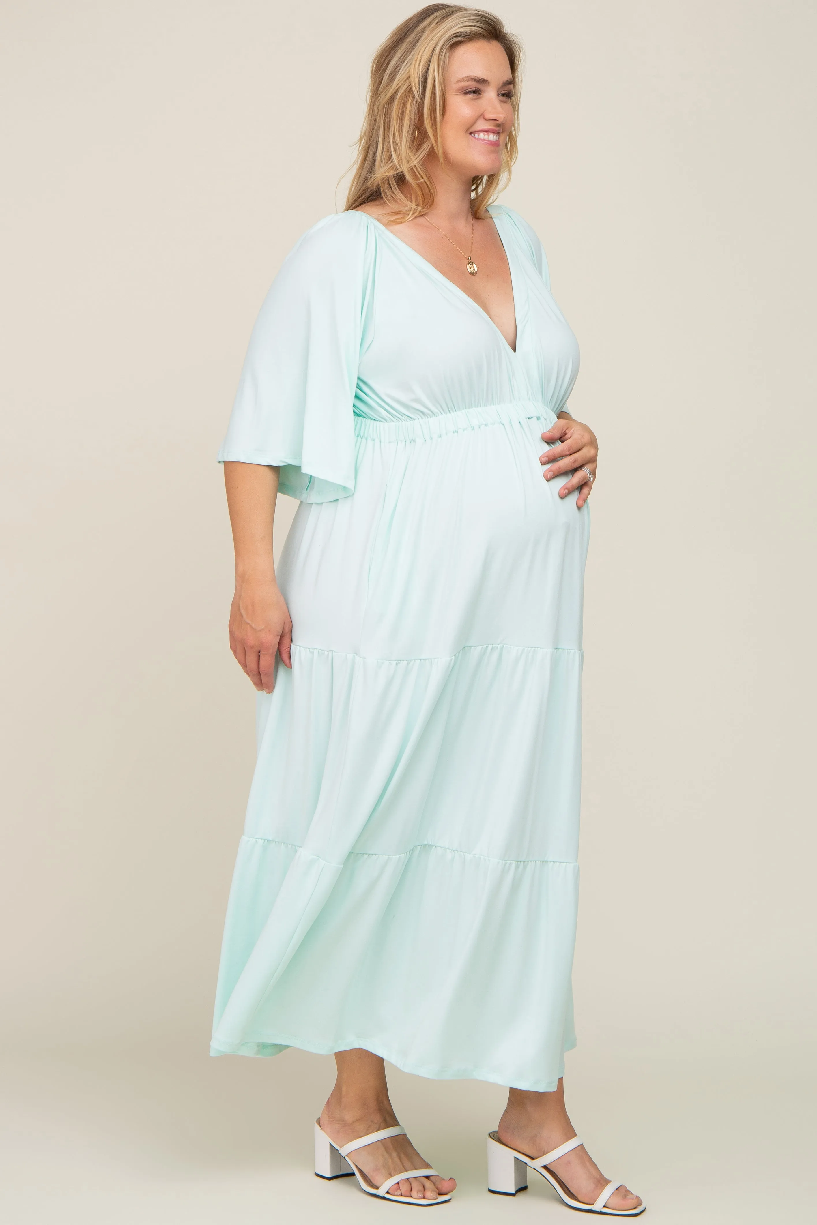 Mint Green Deep V-Neck Tiered Maternity Plus Maxi Dress sold by Pinkblush product image thumbnail 2
