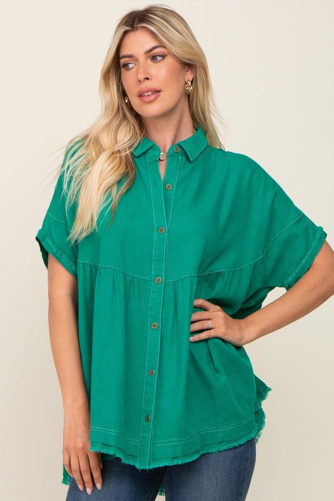 Green Button Up Contrast Stitch Short Sleeve Top sold by Pinkblush