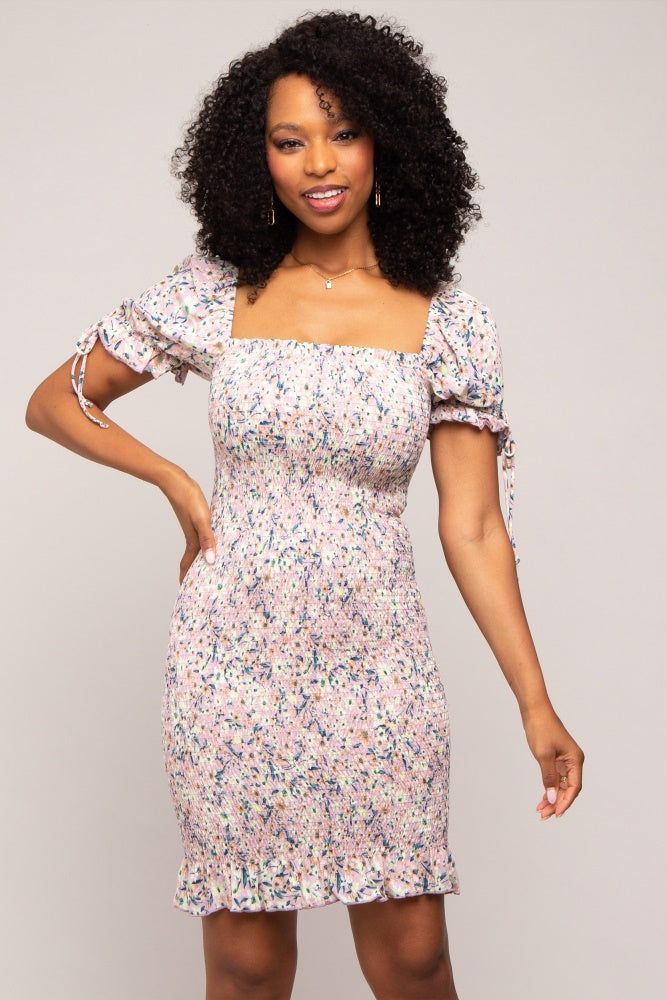 Mauve Floral Smocked Mini Dress sold by Pinkblush