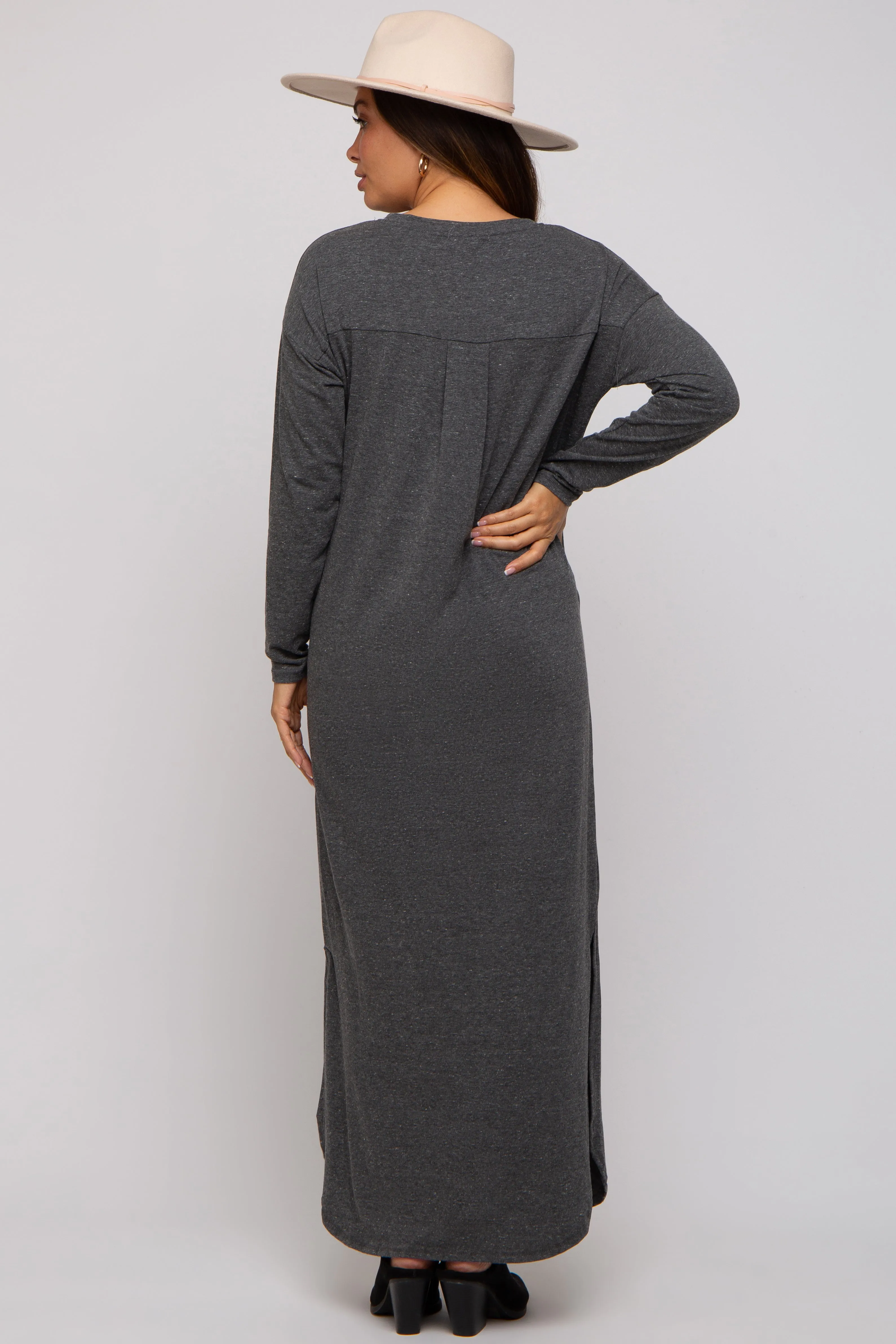 Charcoal Heathered Pocketed Long Sleeve Maternity Maxi Dress sold by Pinkblush product image thumbnail 4