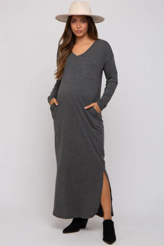 Charcoal Heathered Pocketed Long Sleeve Maternity Maxi Dress sold by Pinkblush