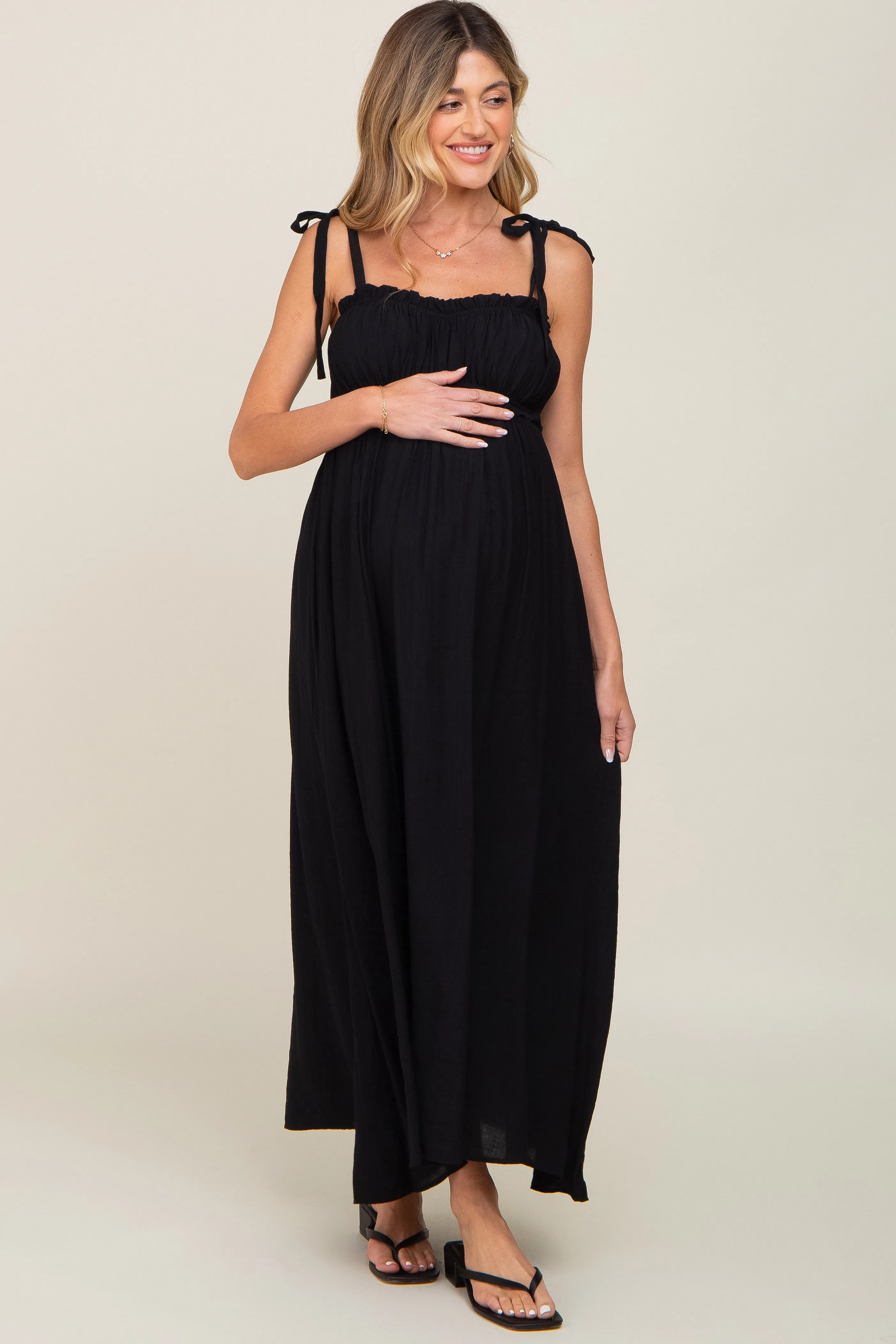 Black Sleeveless Ruffle Trim Maternity Maxi Dress sold by Pinkblush product image thumbnail 4