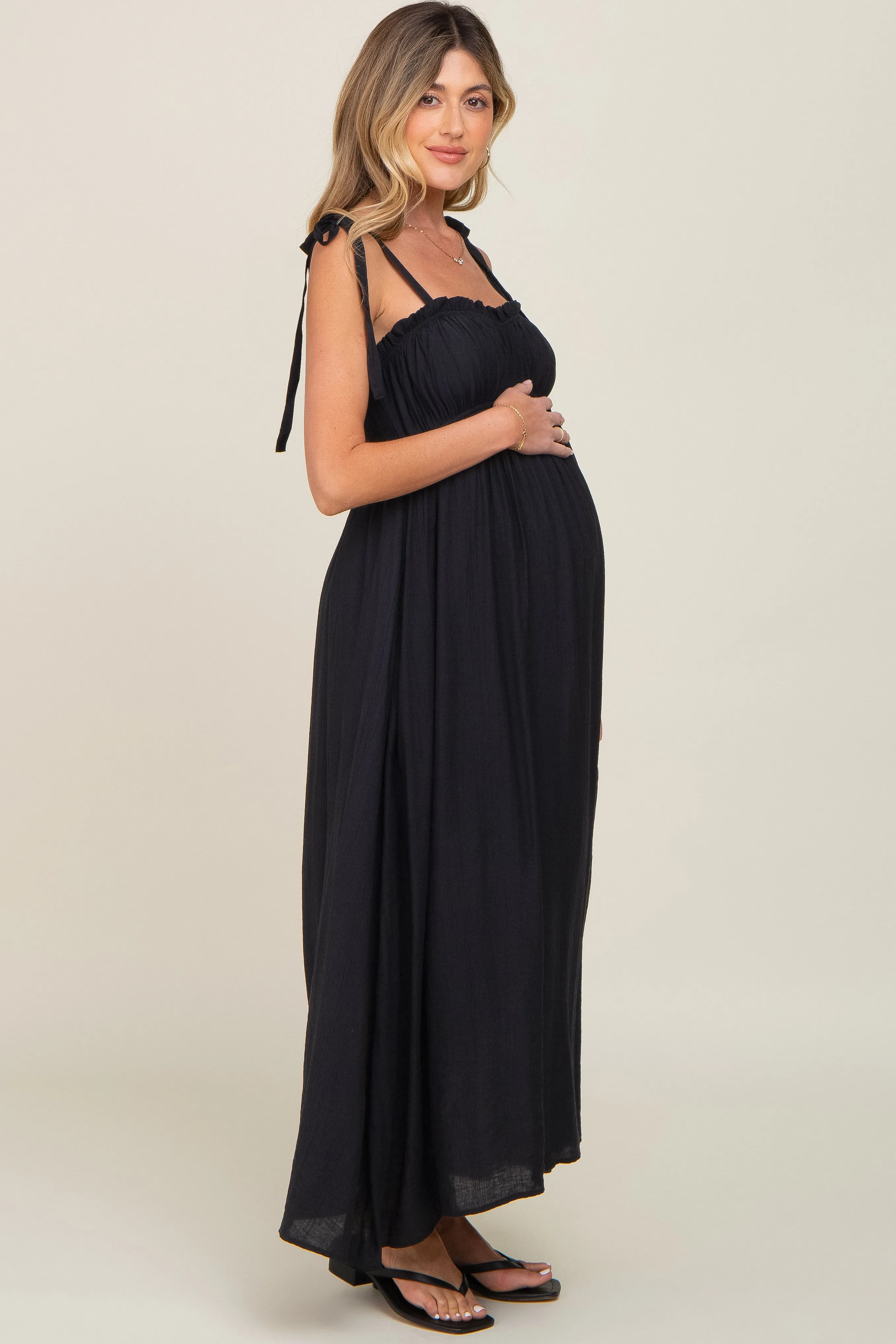 Black Sleeveless Ruffle Trim Maternity Maxi Dress sold by Pinkblush product image thumbnail 2