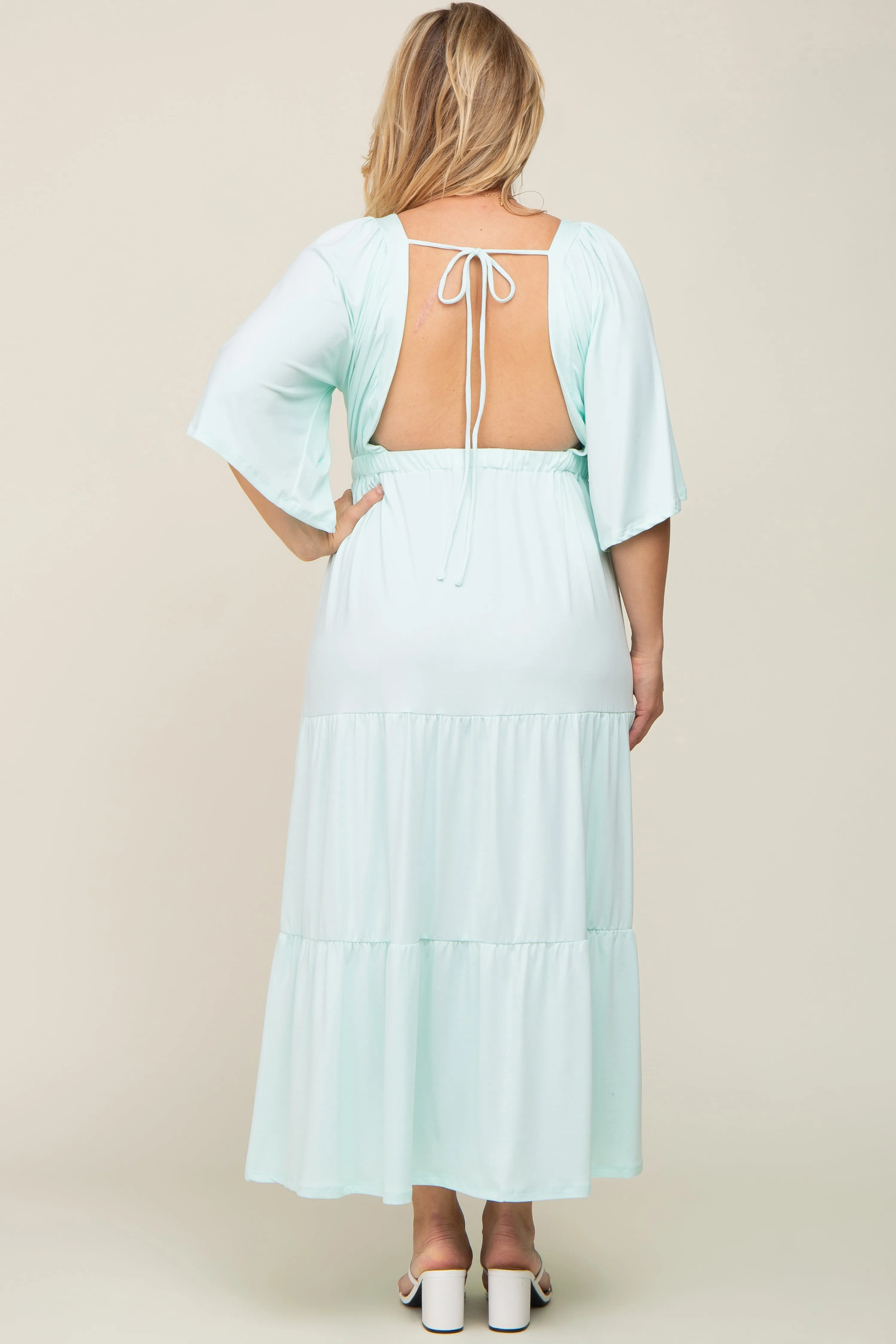 Mint Green Deep V-Neck Tiered Maternity Plus Maxi Dress sold by Pinkblush product image thumbnail 3