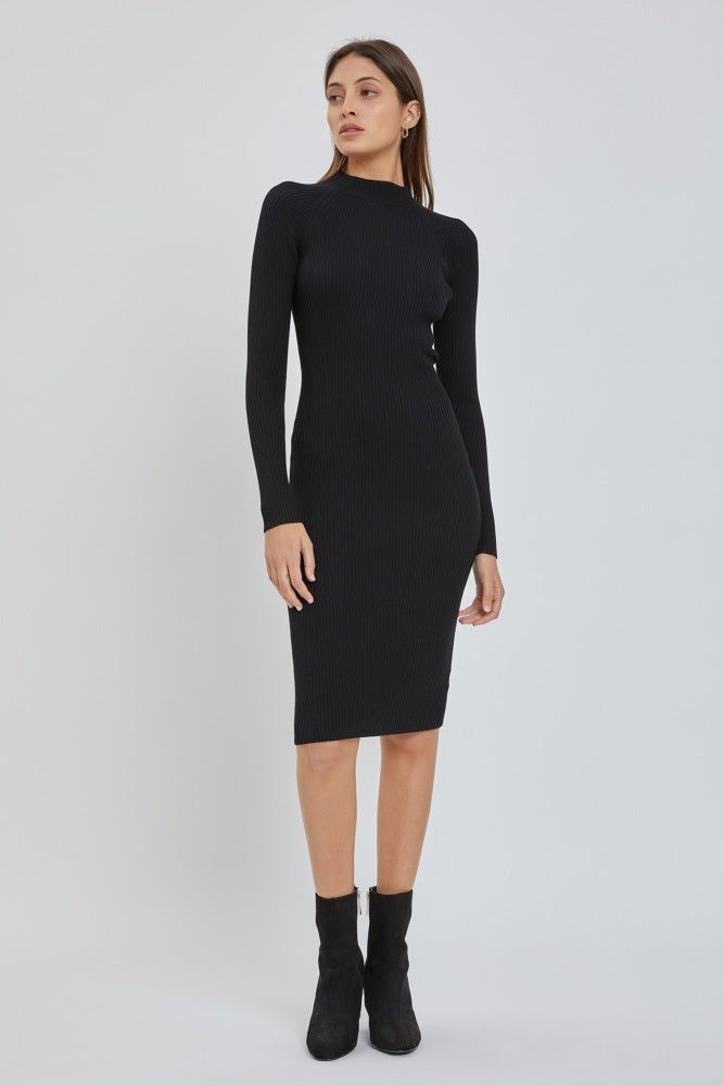 Black Ribbed Fitted Mock Neck Long Sleeve Dress sold by Pinkblush