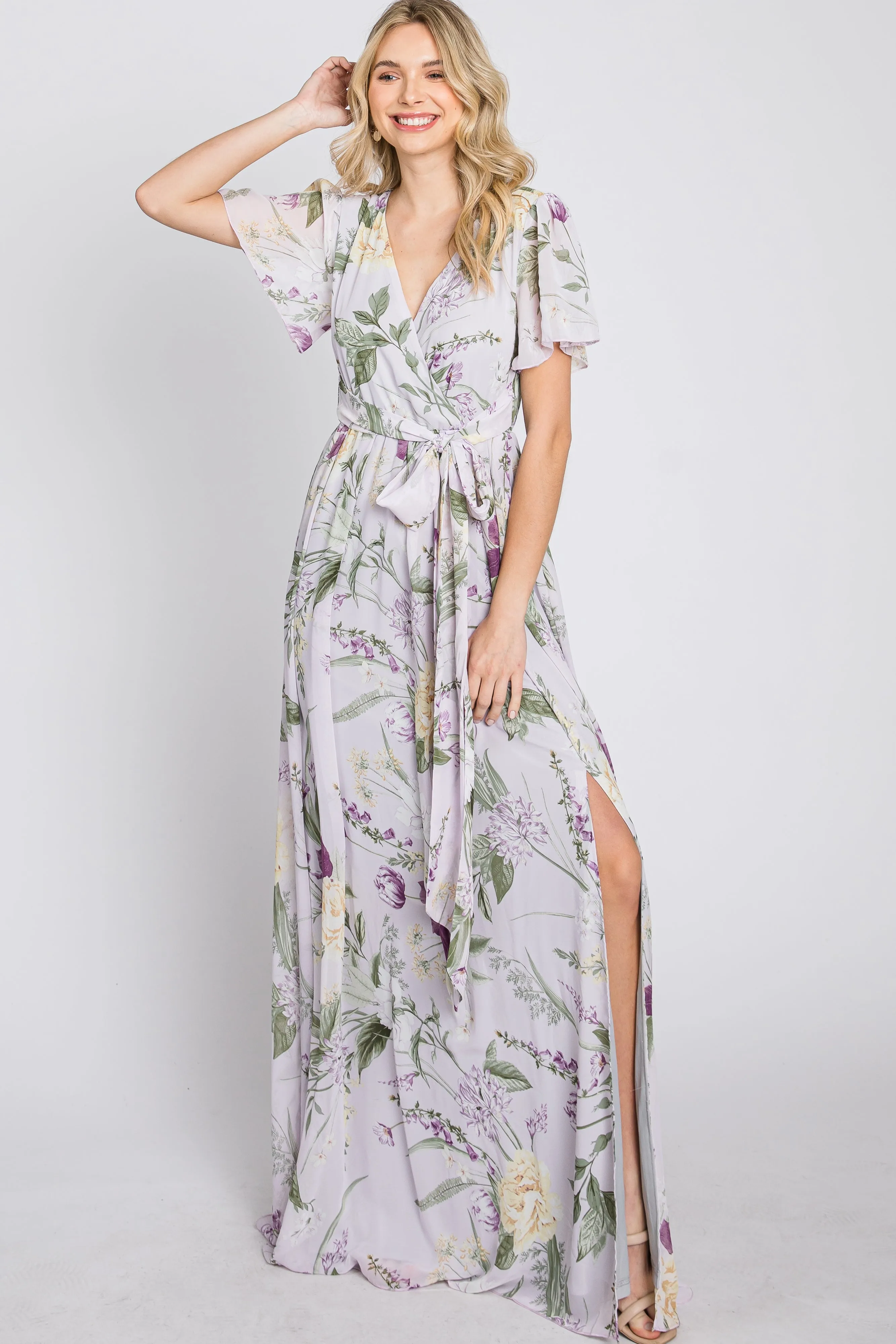 Lavender Floral Chiffon Short Sleeve Maxi Dress sold by Pinkblush product image thumbnail 3
