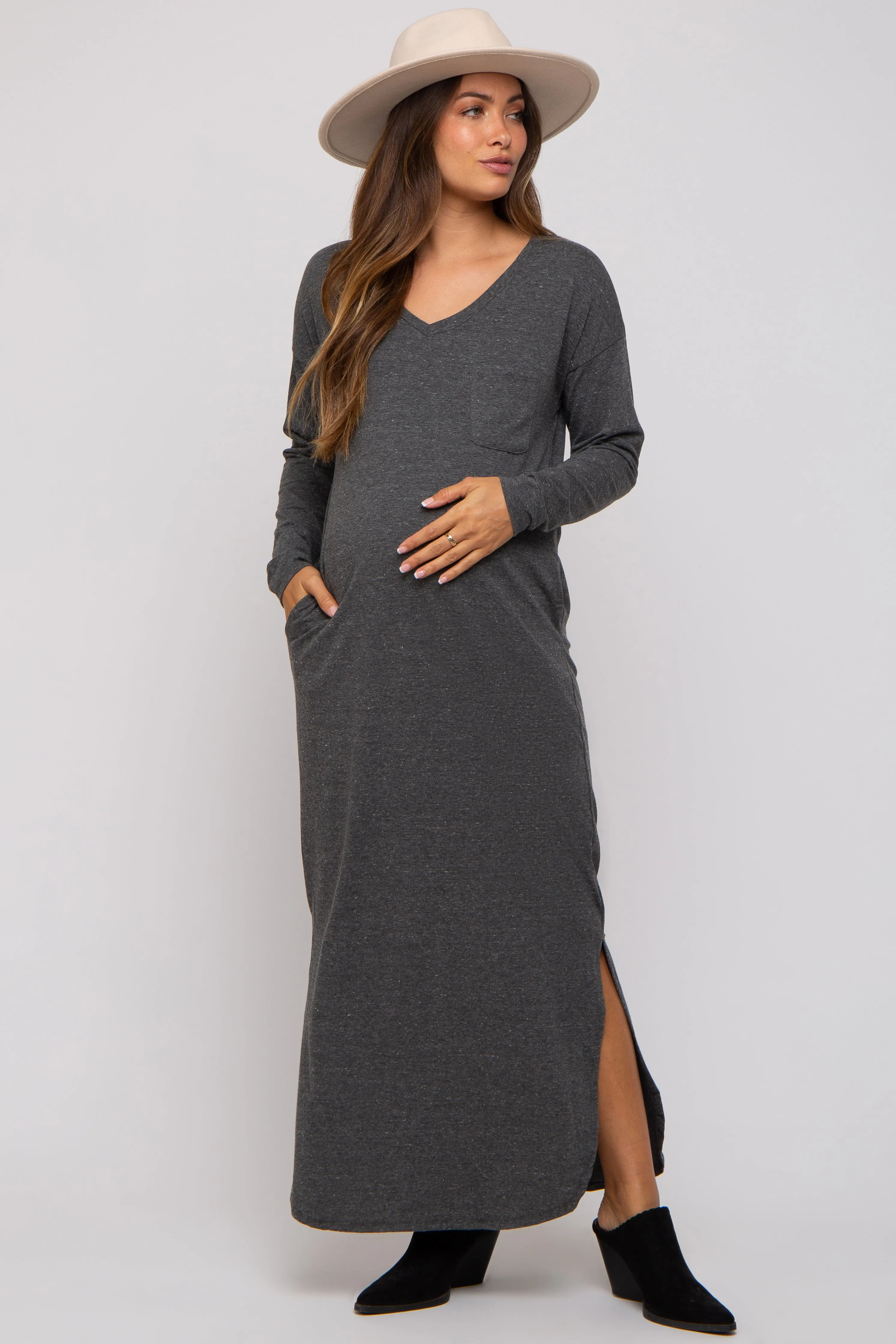 Charcoal Heathered Pocketed Long Sleeve Maternity Maxi Dress sold by Pinkblush product image thumbnail 5
