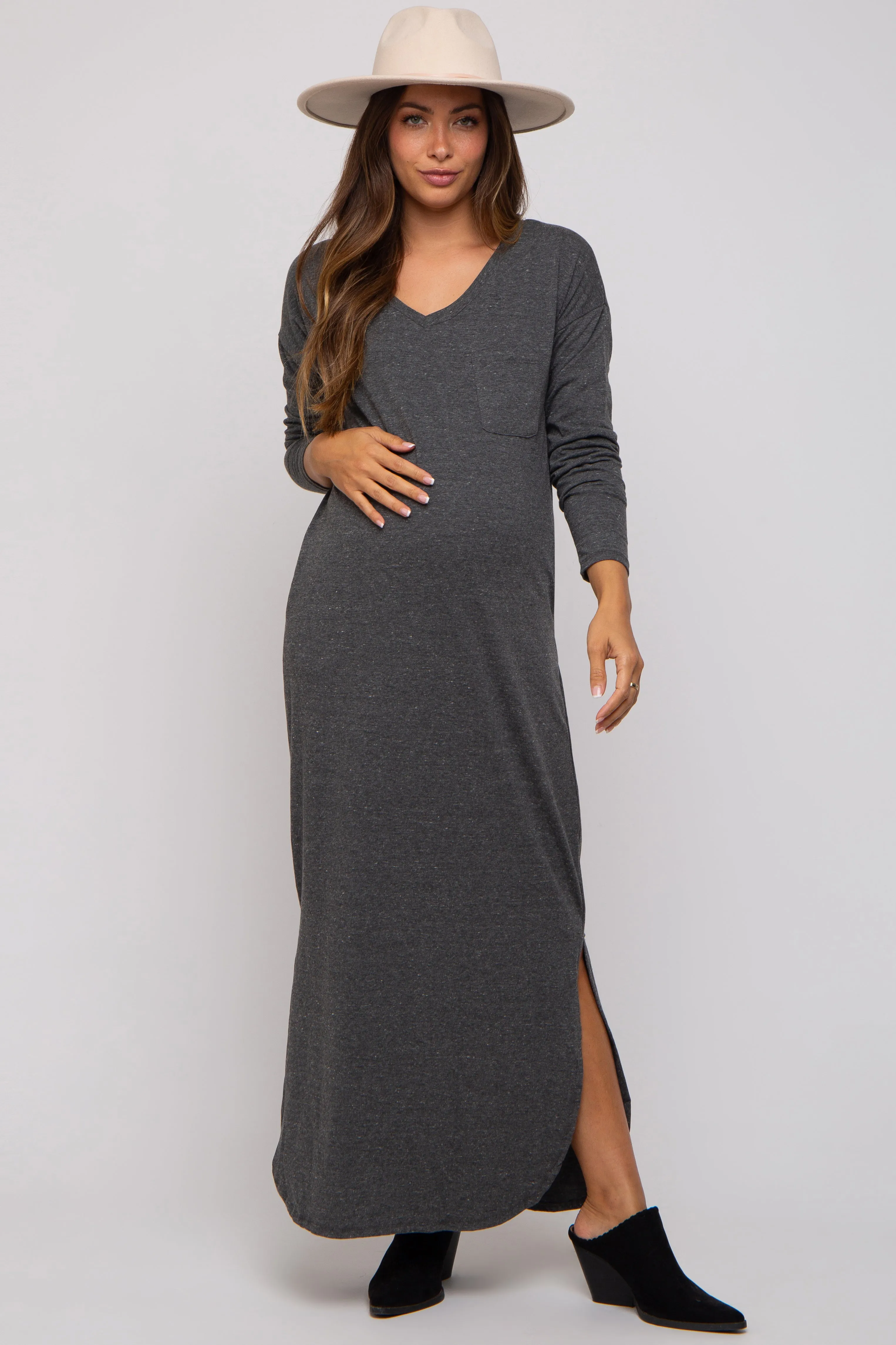 Charcoal Heathered Pocketed Long Sleeve Maternity Maxi Dress sold by Pinkblush product image thumbnail 2