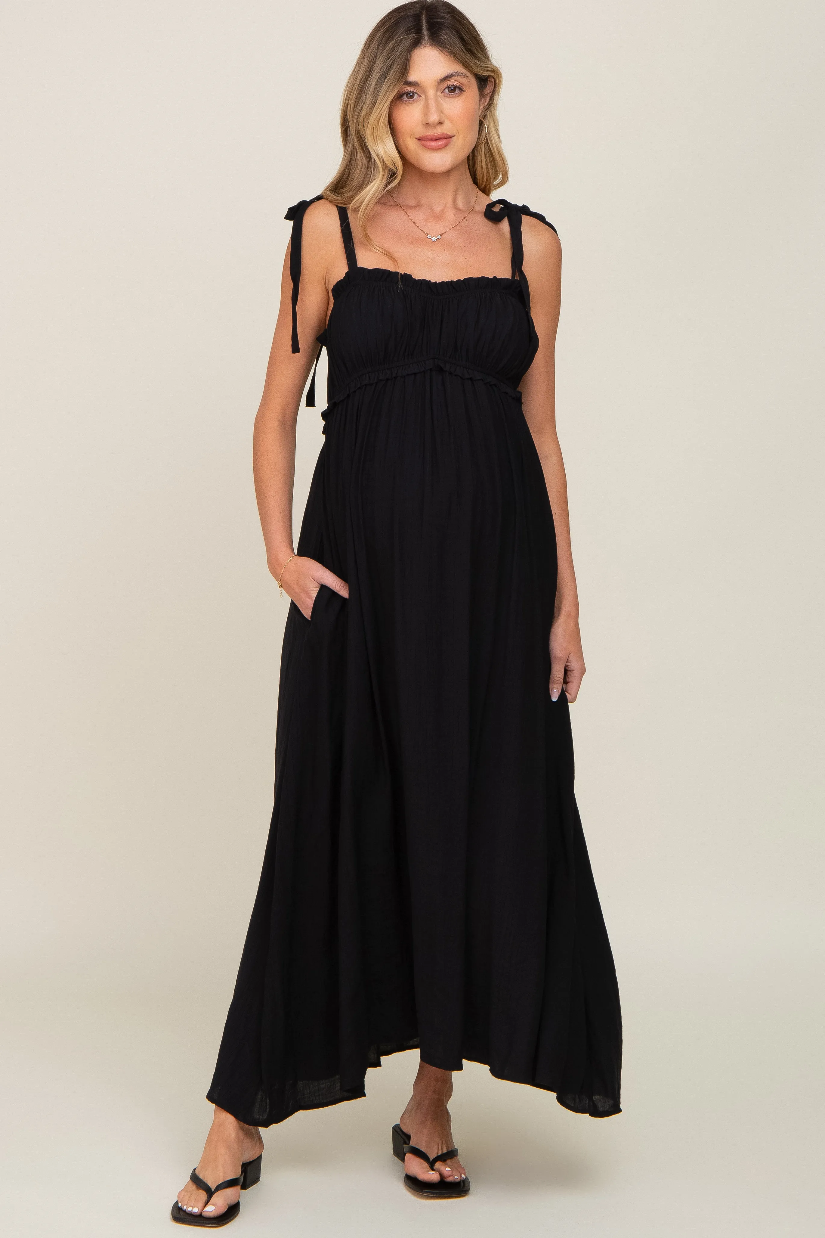 Black Sleeveless Ruffle Trim Maternity Maxi Dress sold by Pinkblush product image thumbnail 5