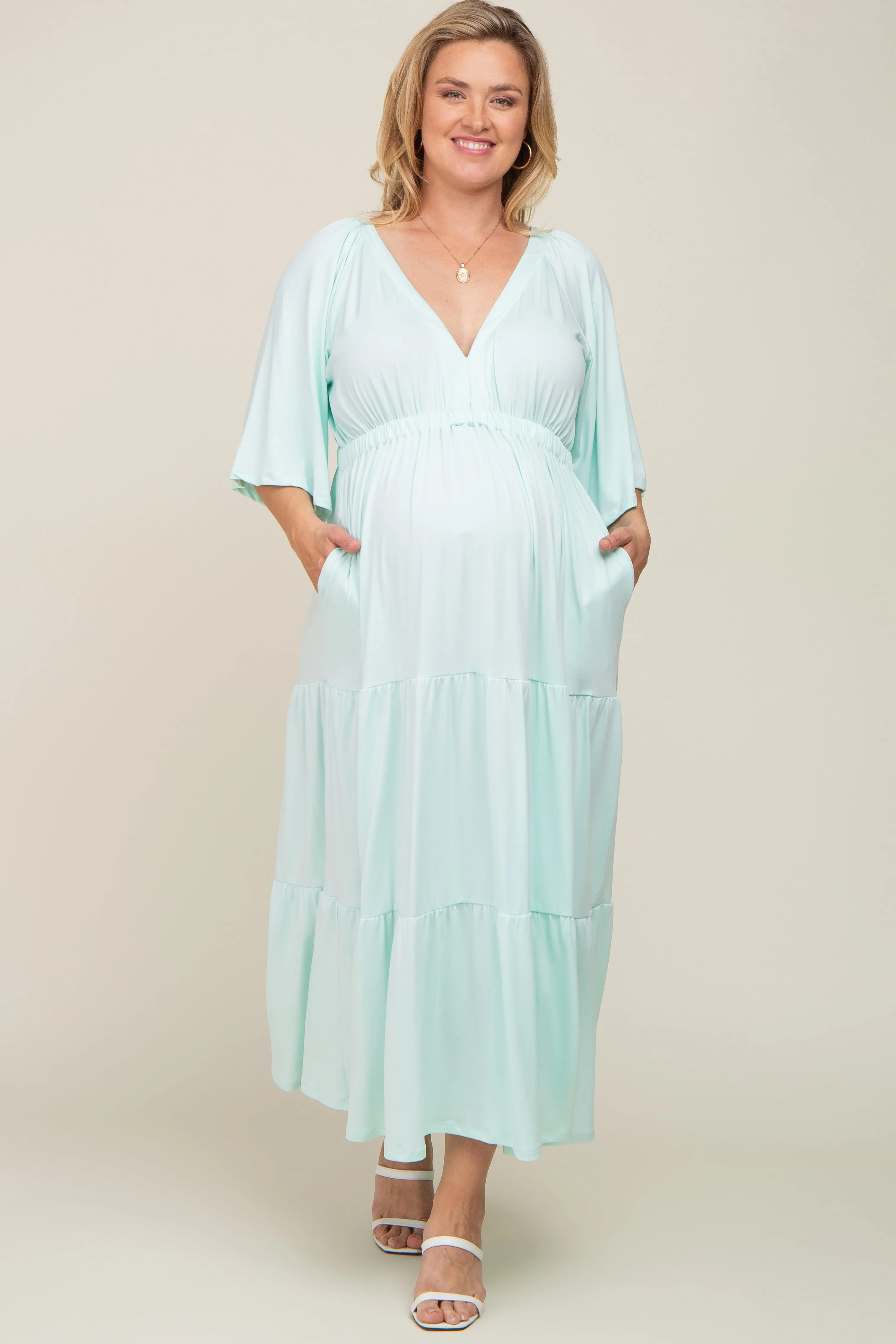 Mint Green Deep V-Neck Tiered Maternity Plus Maxi Dress sold by Pinkblush product image thumbnail 4