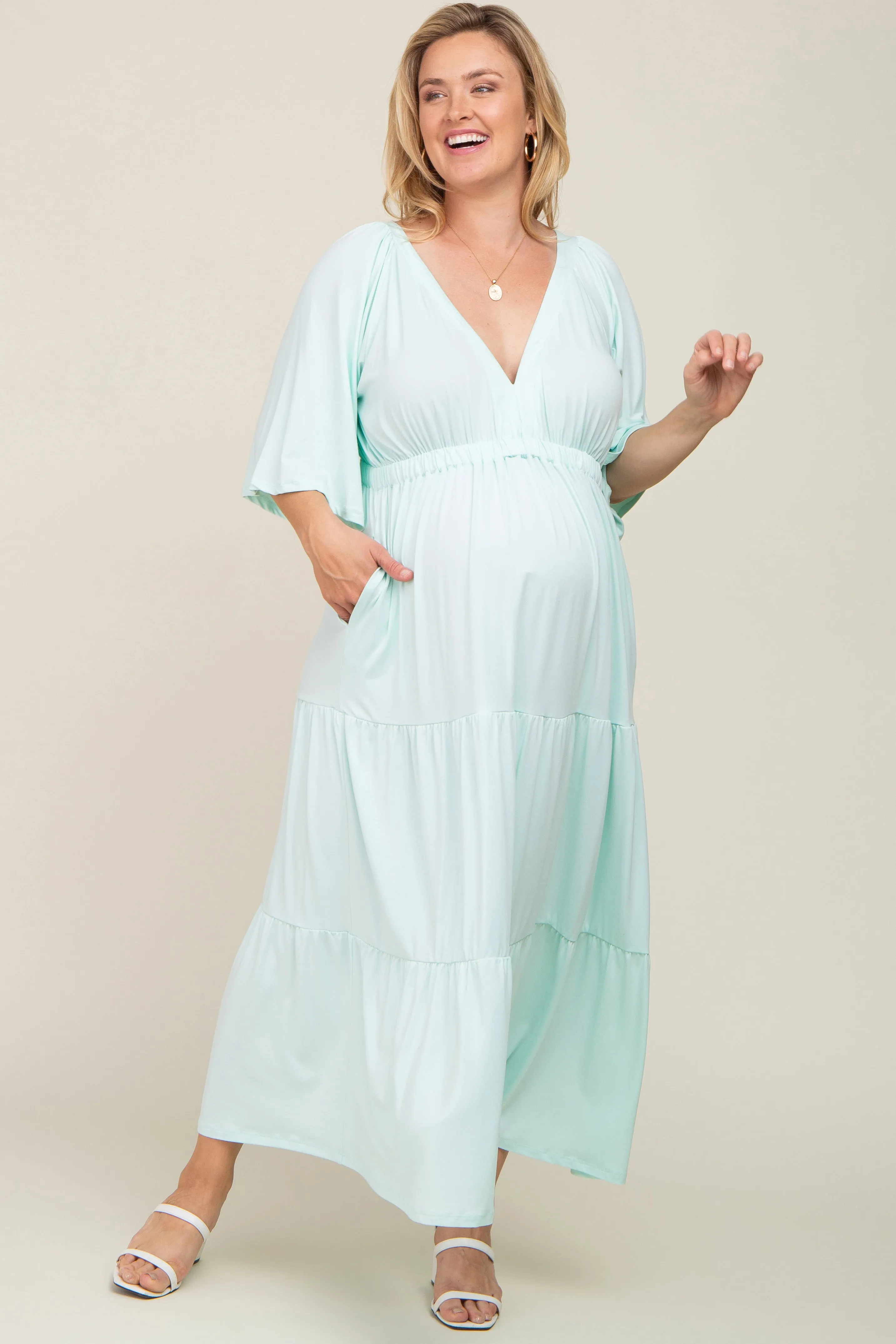 Mint Green Deep V-Neck Tiered Maternity Plus Maxi Dress sold by Pinkblush