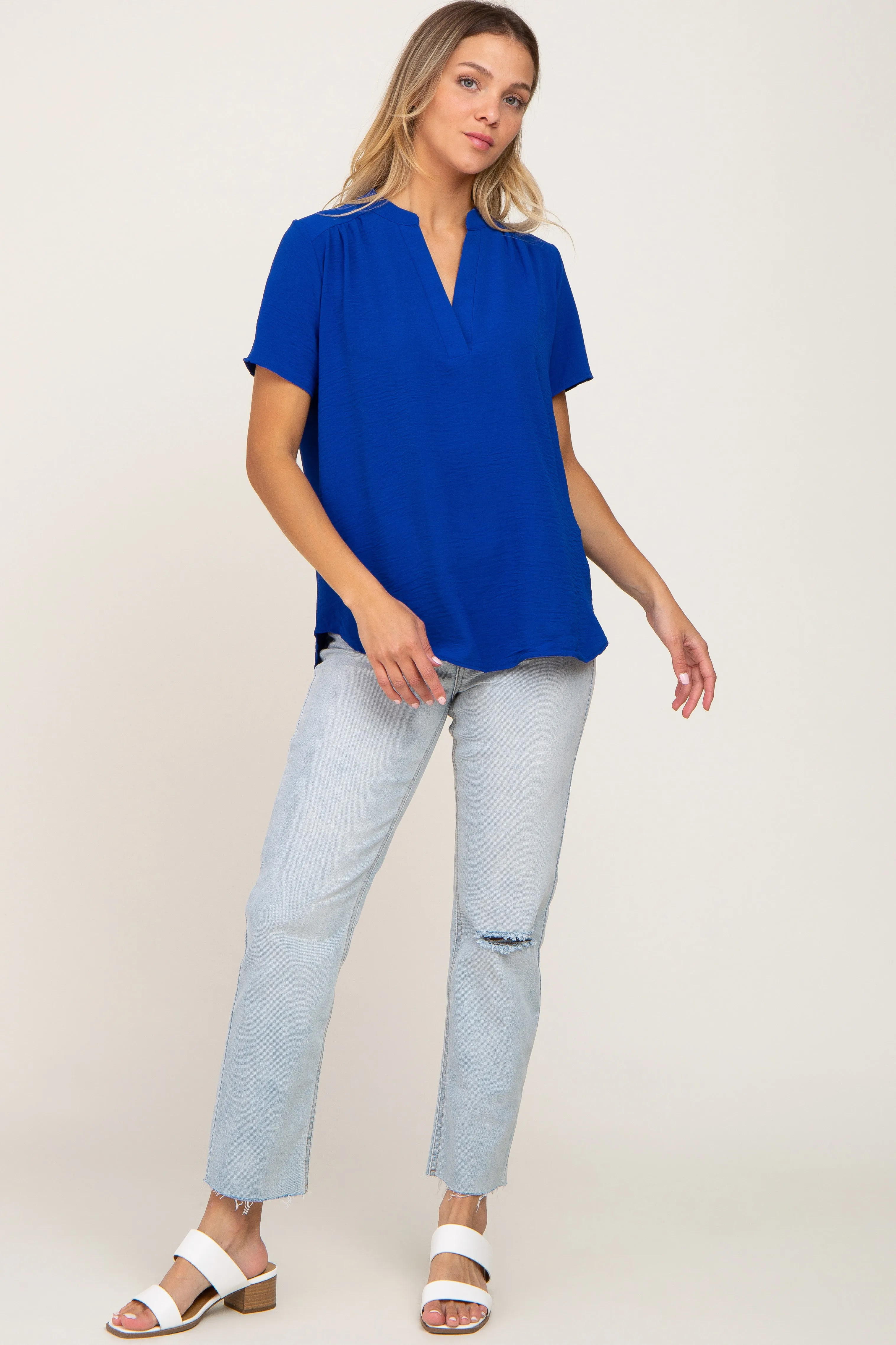 Blue Short Sleeve V-Neck Blouse sold by Pinkblush