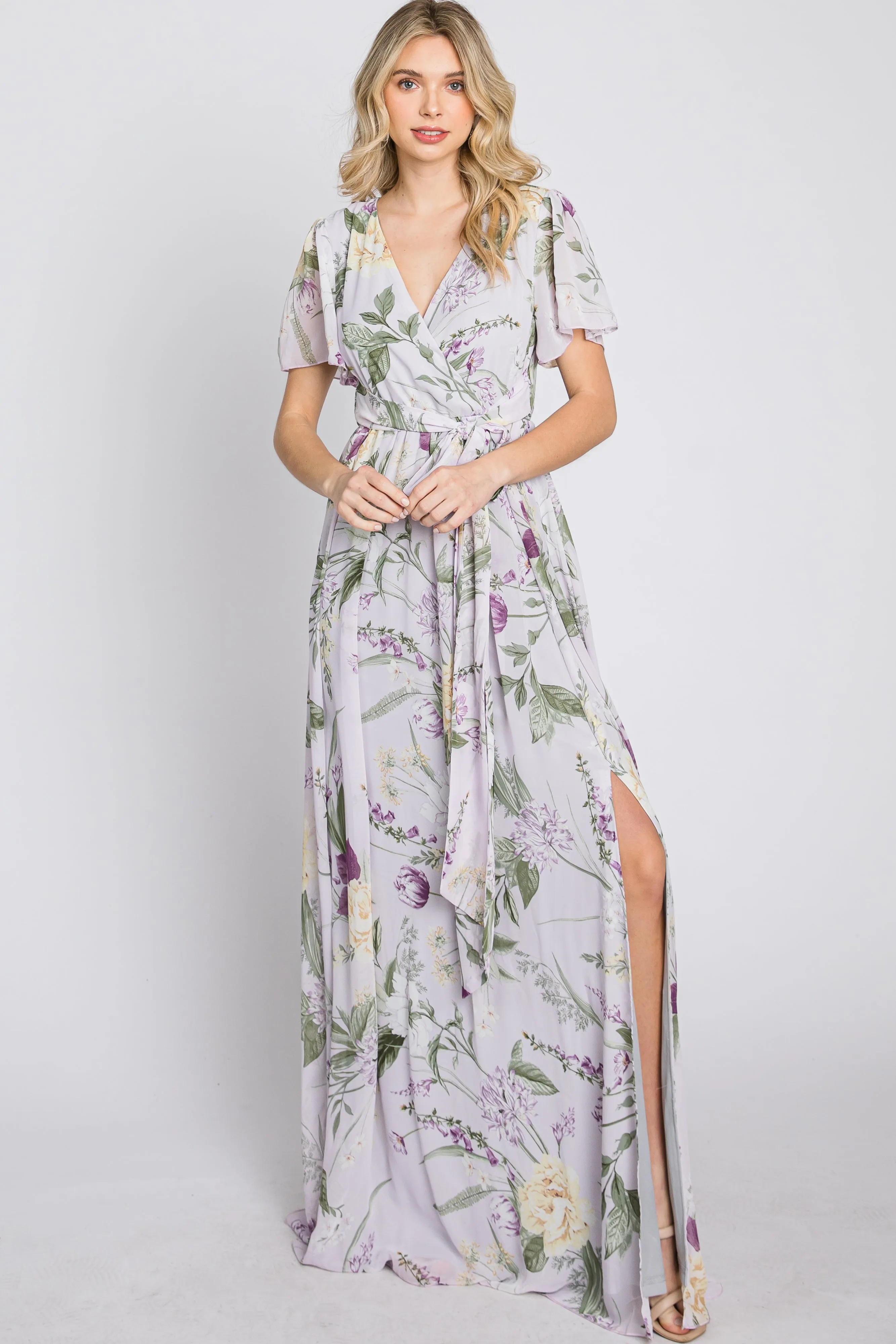 Lavender Floral Chiffon Short Sleeve Maxi Dress sold by Pinkblush product image thumbnail 4