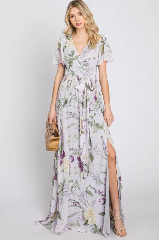 Lavender Floral Chiffon Short Sleeve Maxi Dress sold by Pinkblush
