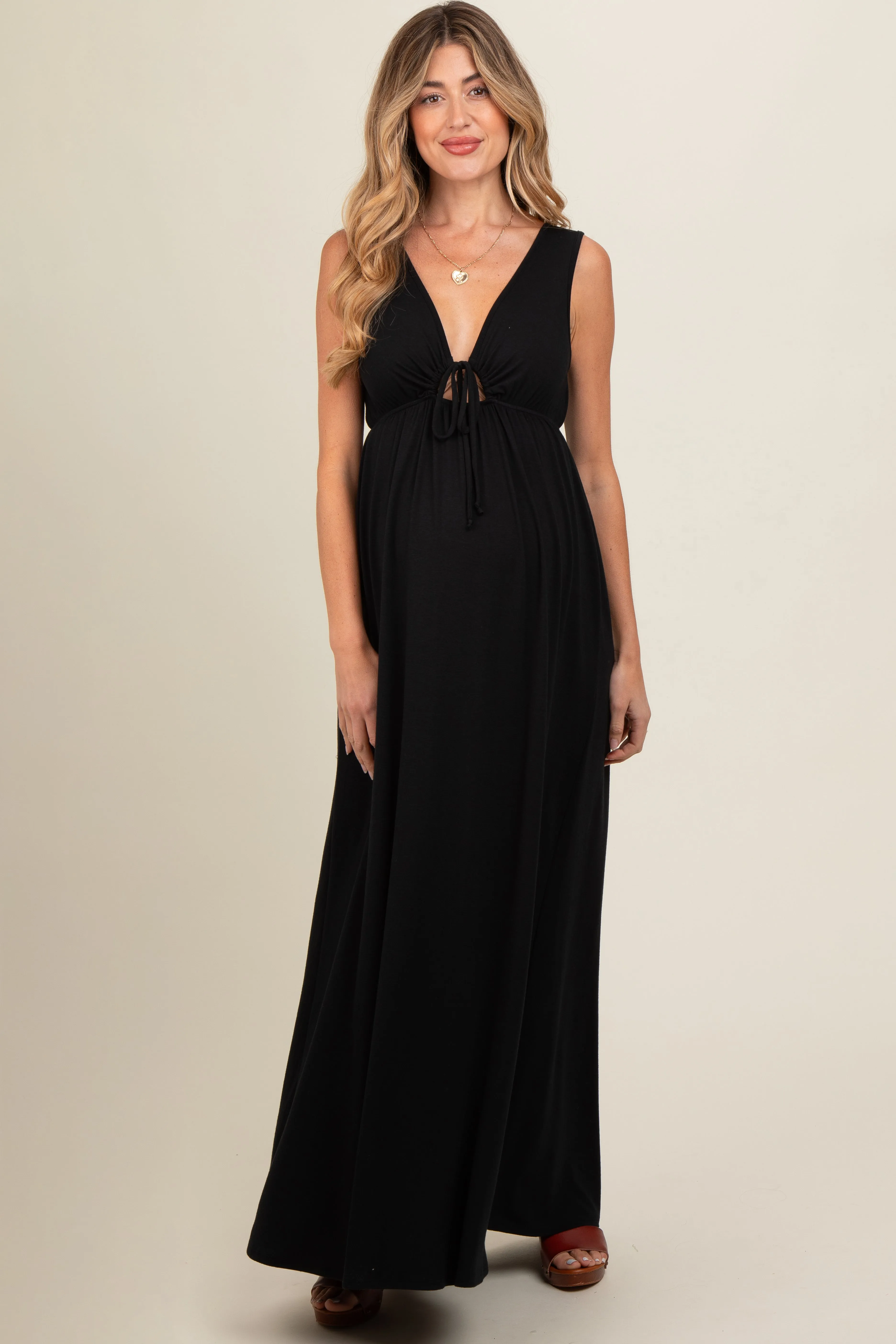 Charcoal Front Tie Cutout Sleeveless Maternity Maxi Dress sold by Pinkblush
