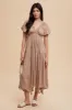 Taupe Deep V-Neck Puff Short Sleeve Asymmetrical Hem Maternity Midi Dress sold by Pinkblush