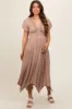 Taupe Deep V-Neck Puff Short Sleeve Asymmetrical Hem Maternity Midi Dress sold by Pinkblush