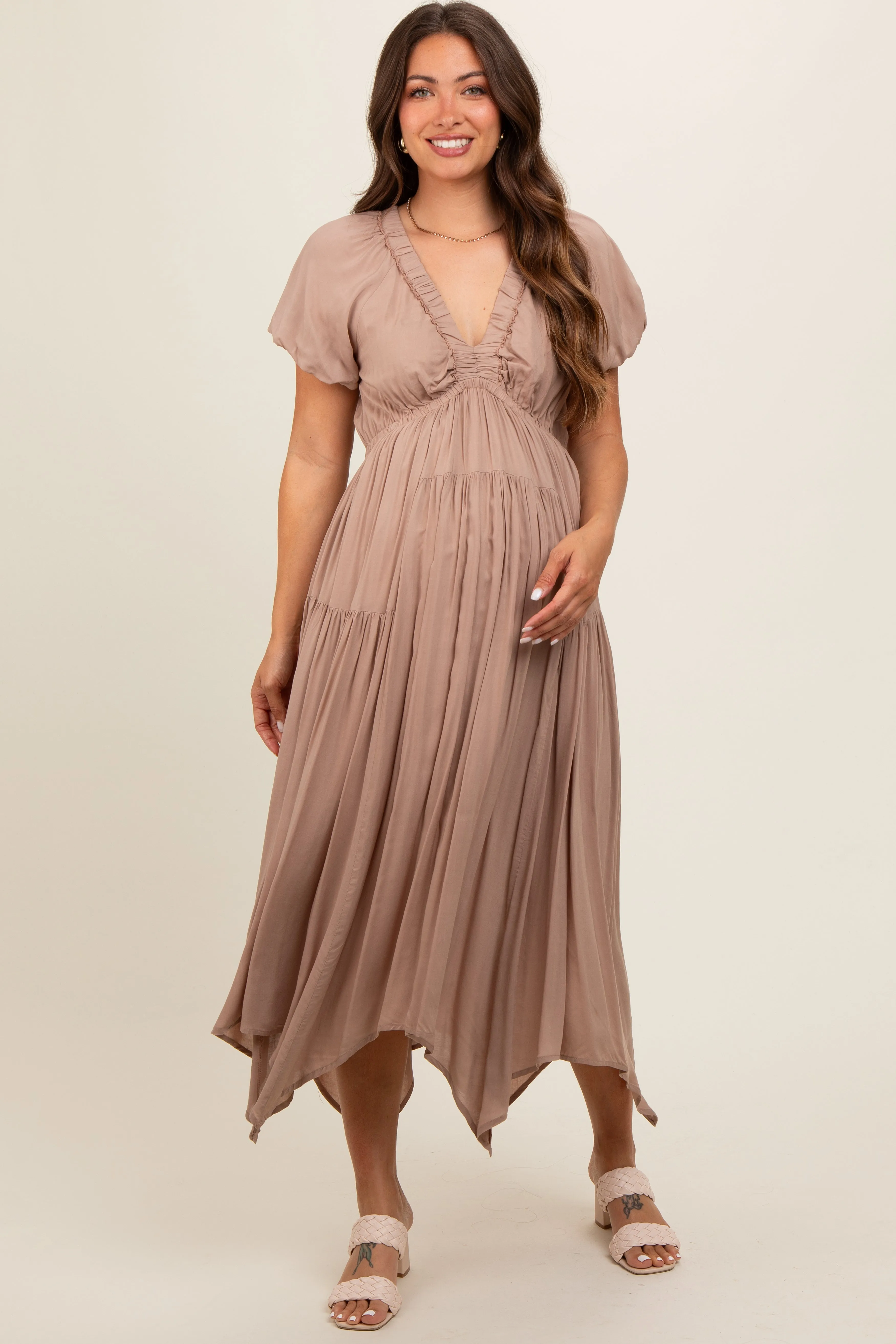 Taupe Deep V-Neck Puff Short Sleeve Asymmetrical Hem Maternity Midi Dress sold by Pinkblush product image thumbnail 2