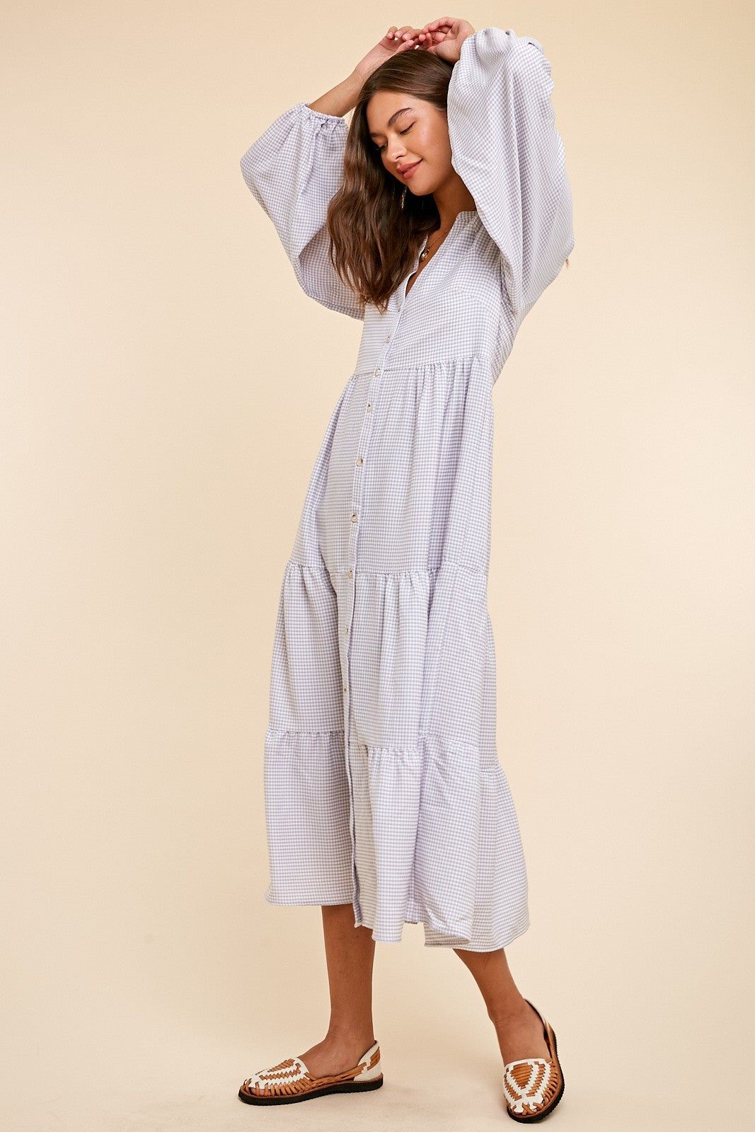 Grey Gingham Print Button Down Midi Dress sold by Pinkblush product image thumbnail 3