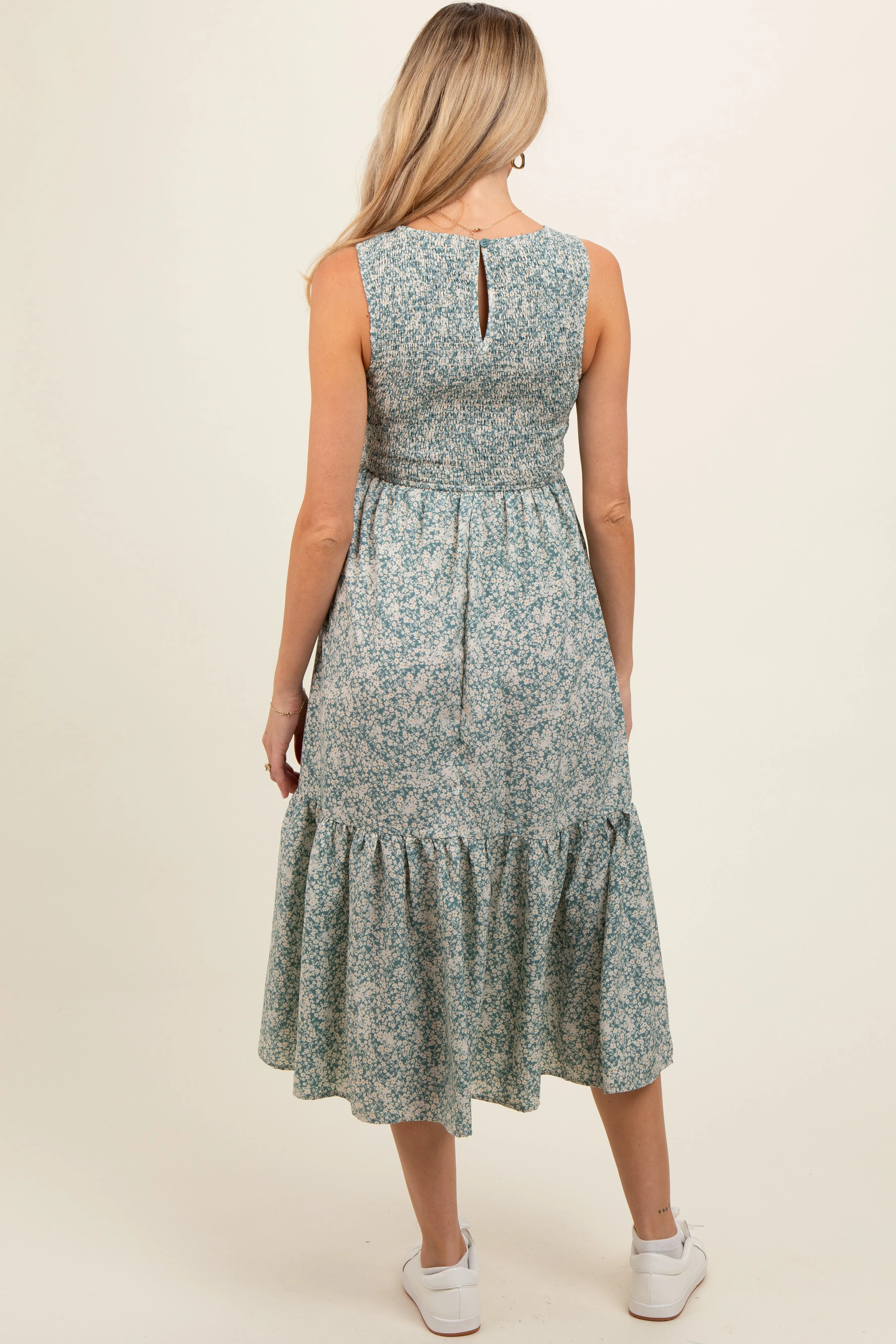Teal Floral Smocked Ruffle Hem Sleeveless Maternity Midi Dress sold by Pinkblush product image thumbnail 5