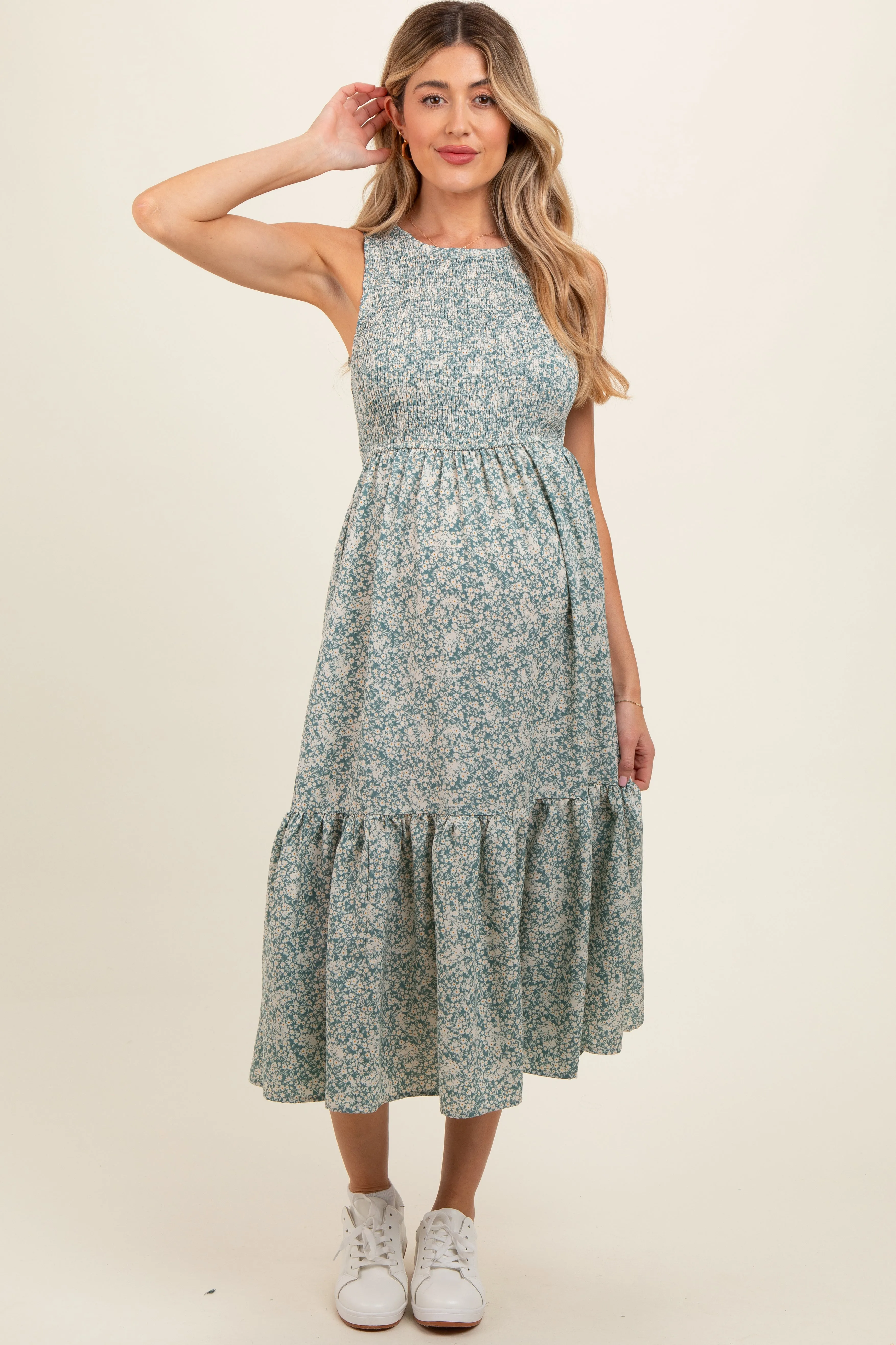 Teal Floral Smocked Ruffle Hem Sleeveless Maternity Midi Dress sold by Pinkblush product image thumbnail 2