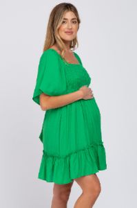Green Smocked Tie Back Maternity Mini Dress sold by Pinkblush