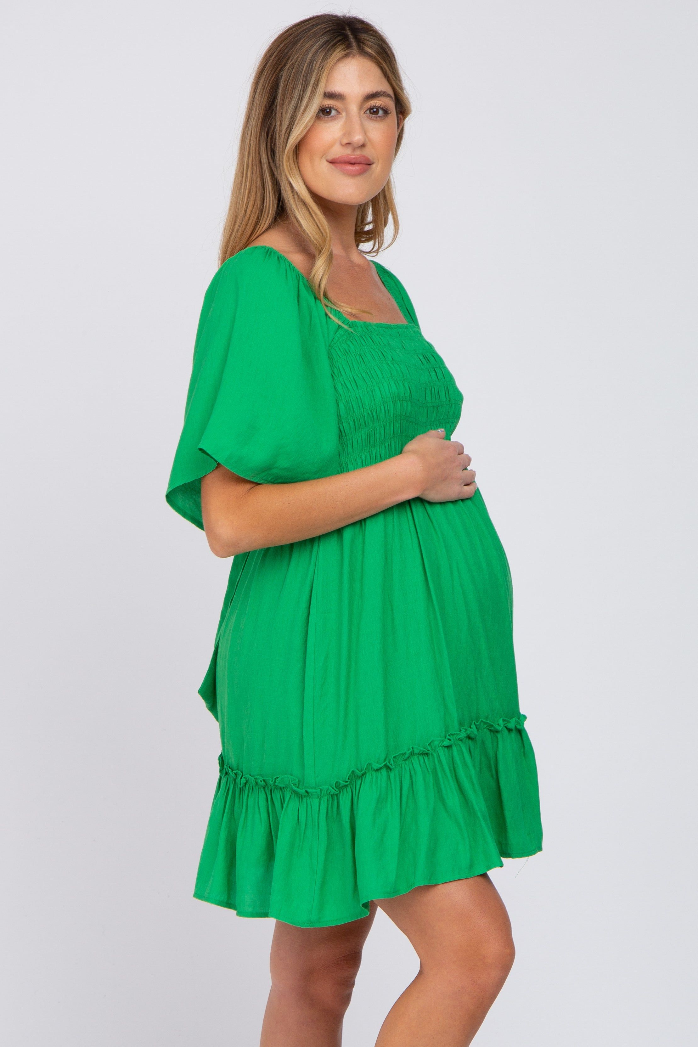 Green Smocked Tie Back Maternity Mini Dress sold by Pinkblush product image thumbnail 3