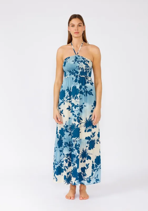 Blue Floral Smocked Halter Maxi Dress sold by Pinkblush
