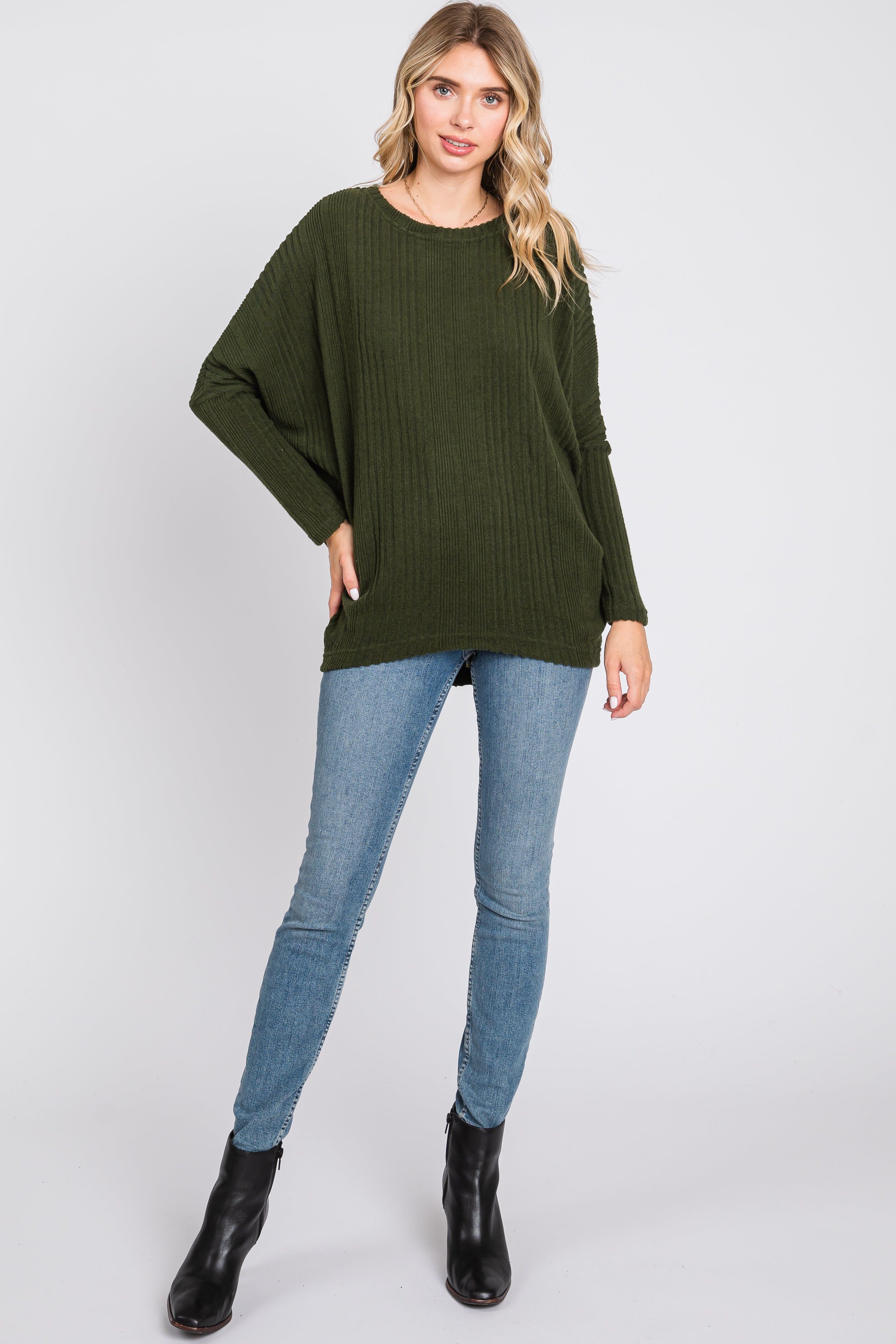 Olive Ribbed Brushed Knit Dolman Sleeve Top sold by Pinkblush product image thumbnail 5