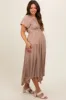 Taupe Deep V-Neck Puff Short Sleeve Asymmetrical Hem Maternity Midi Dress sold by Pinkblush