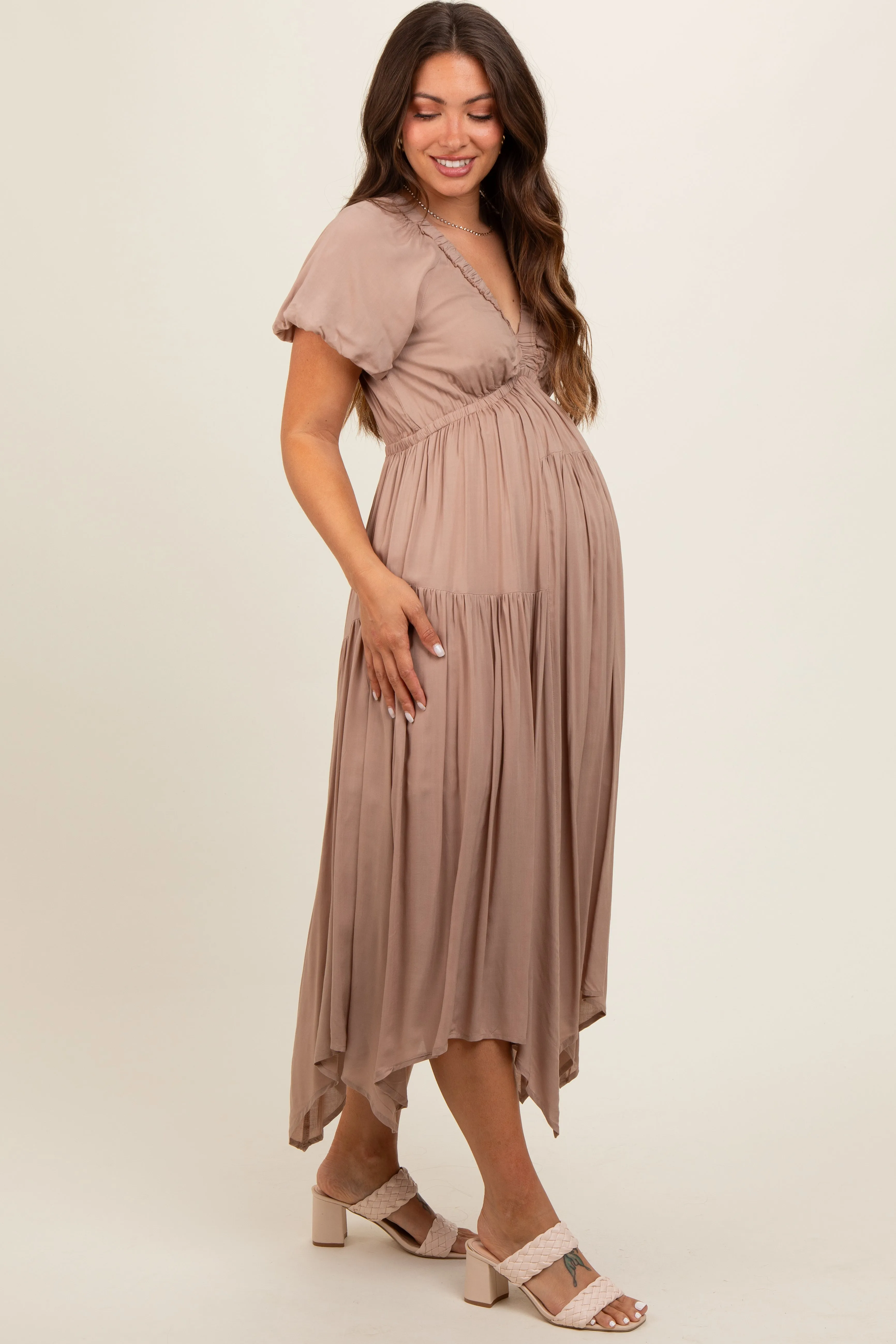 Taupe Deep V-Neck Puff Short Sleeve Asymmetrical Hem Maternity Midi Dress sold by Pinkblush product image thumbnail 3