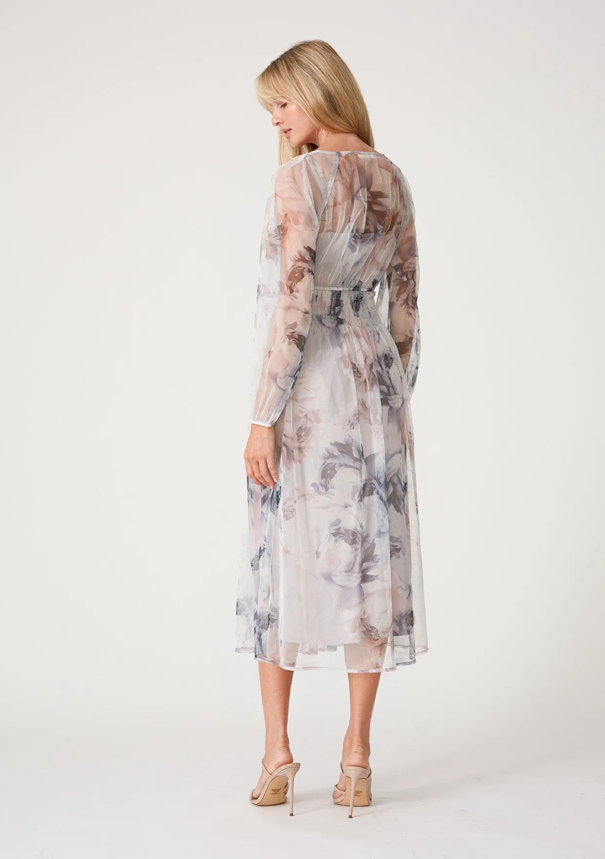 Grey Floral Mesh Smocked Midi Dress sold by Pinkblush product image thumbnail 3
