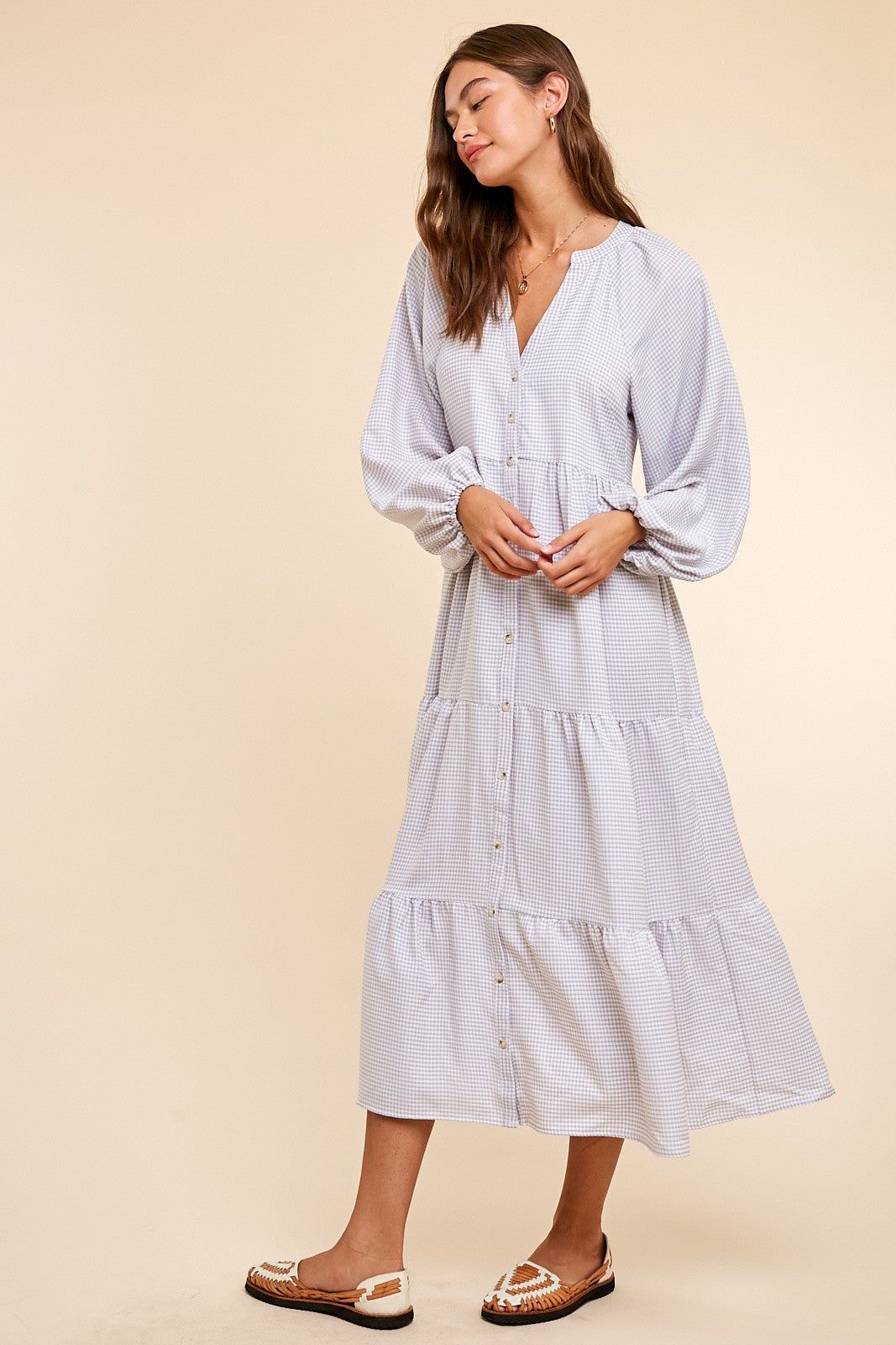 Grey Gingham Print Button Down Midi Dress sold by Pinkblush product image thumbnail 4