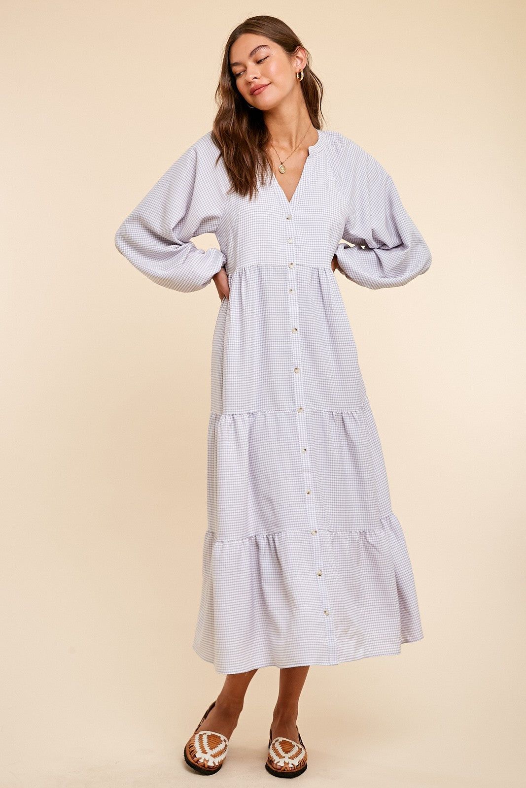 Grey Gingham Print Button Down Midi Dress sold by Pinkblush