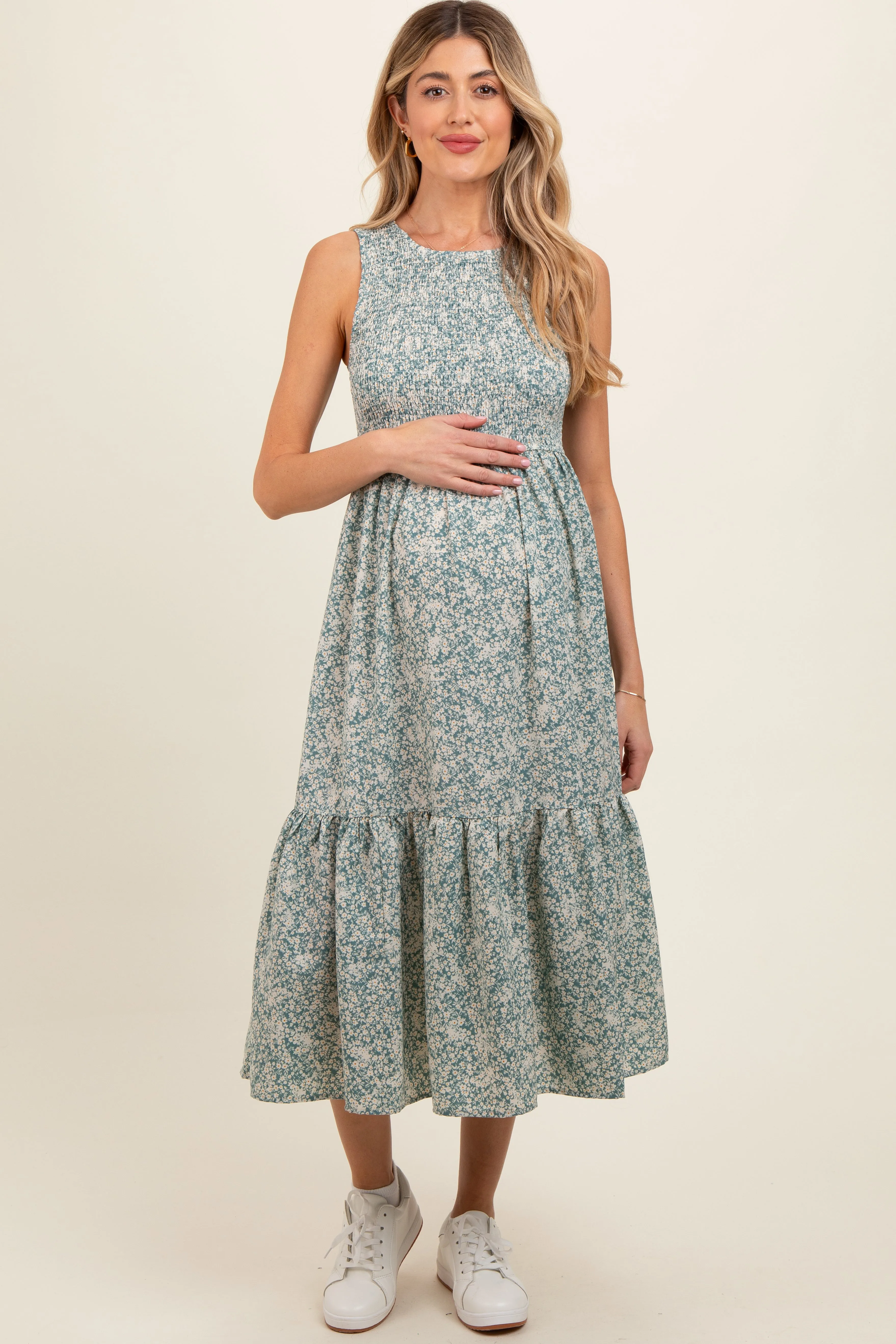 Teal Floral Smocked Ruffle Hem Sleeveless Maternity Midi Dress sold by Pinkblush product image thumbnail 3