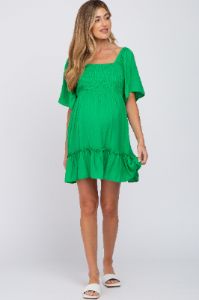 Green Smocked Tie Back Maternity Mini Dress sold by Pinkblush