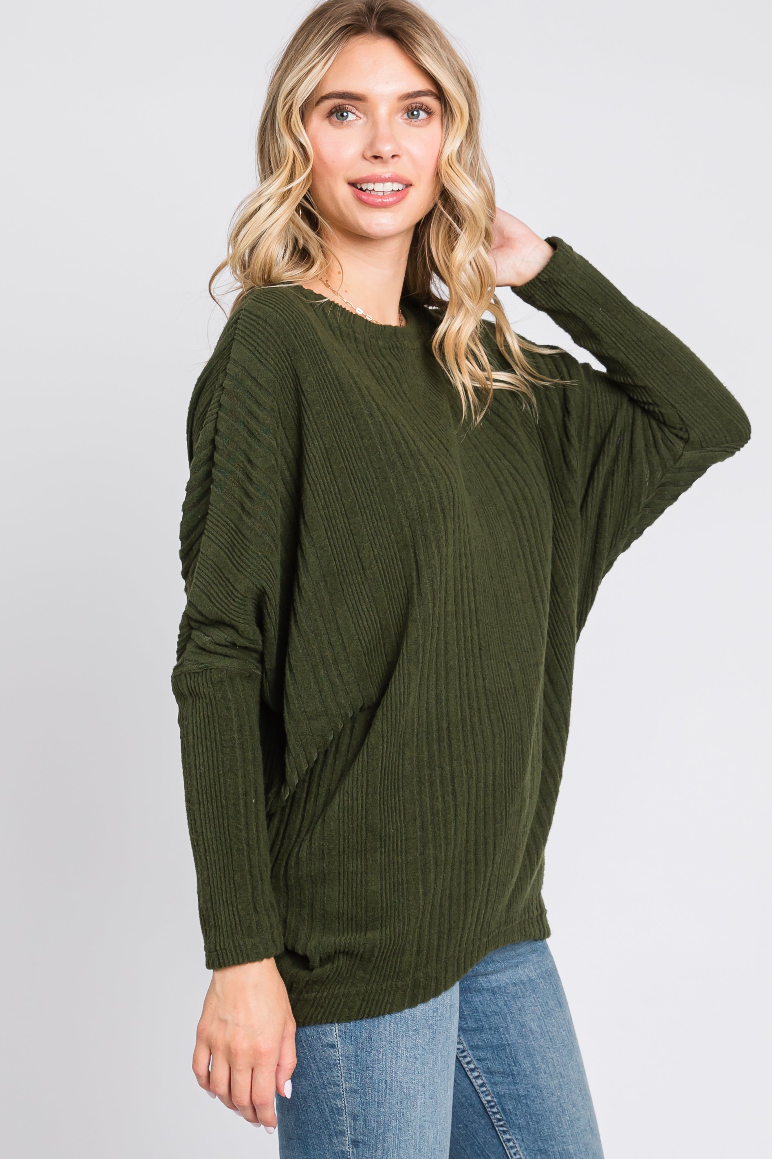 Olive Ribbed Brushed Knit Dolman Sleeve Top sold by Pinkblush product image thumbnail 3