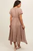 Taupe Deep V-Neck Puff Short Sleeve Asymmetrical Hem Maternity Midi Dress sold by Pinkblush