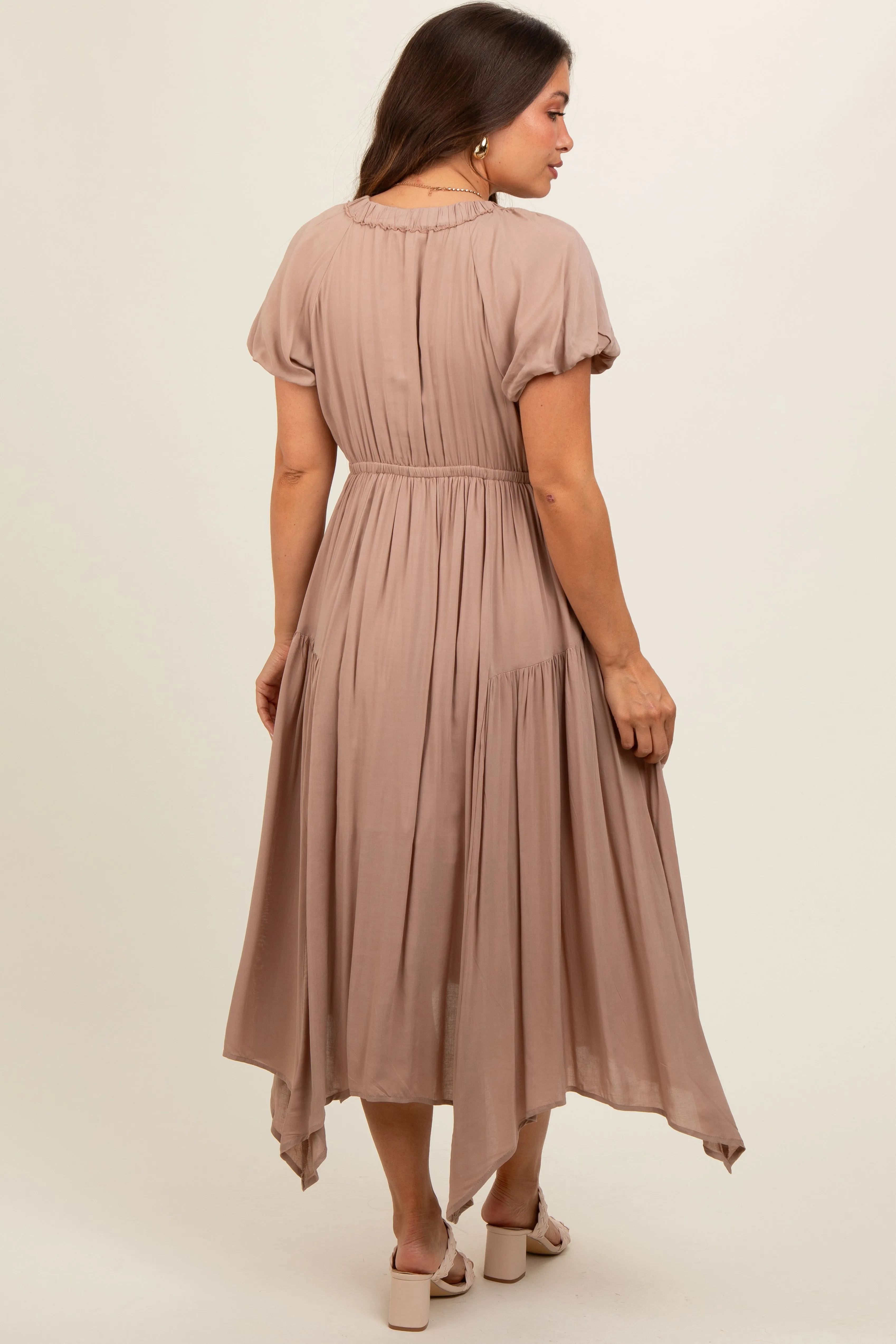 Taupe Deep V-Neck Puff Short Sleeve Asymmetrical Hem Maternity Midi Dress sold by Pinkblush product image thumbnail 4