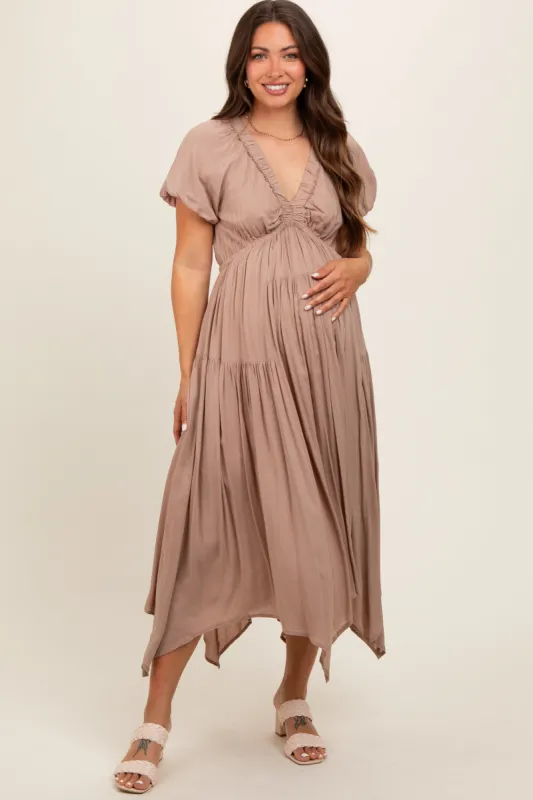 Taupe Deep V-Neck Puff Short Sleeve Asymmetrical Hem Maternity Midi Dress sold by Pinkblush