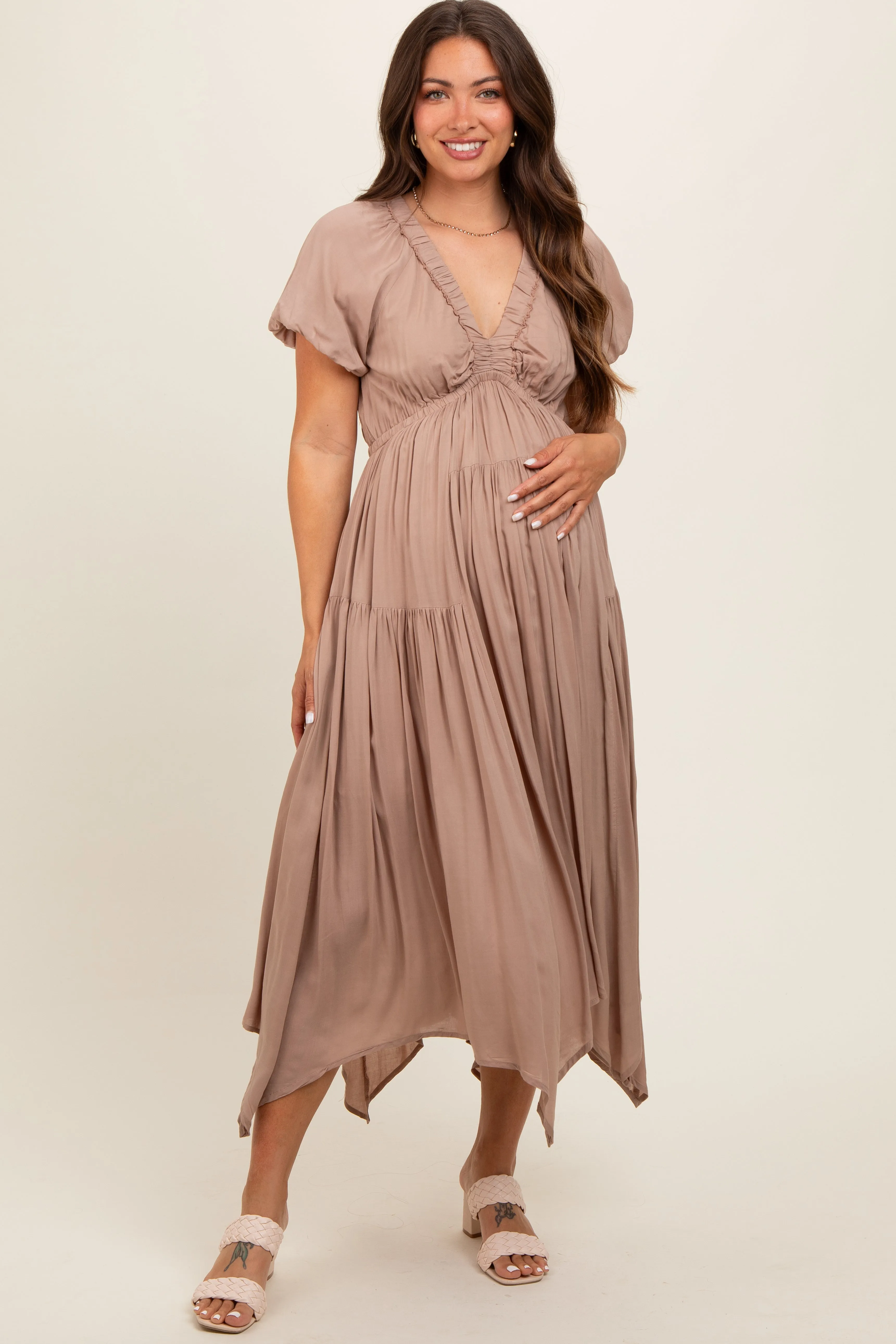 Taupe Deep V-Neck Puff Short Sleeve Asymmetrical Hem Maternity Midi Dress sold by Pinkblush