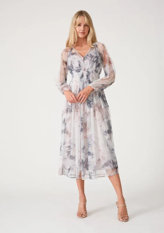 Grey Floral Mesh Smocked Midi Dress sold by Pinkblush