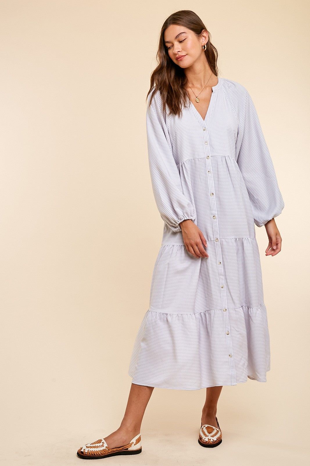 Grey Gingham Print Button Down Midi Dress sold by Pinkblush product image thumbnail 2