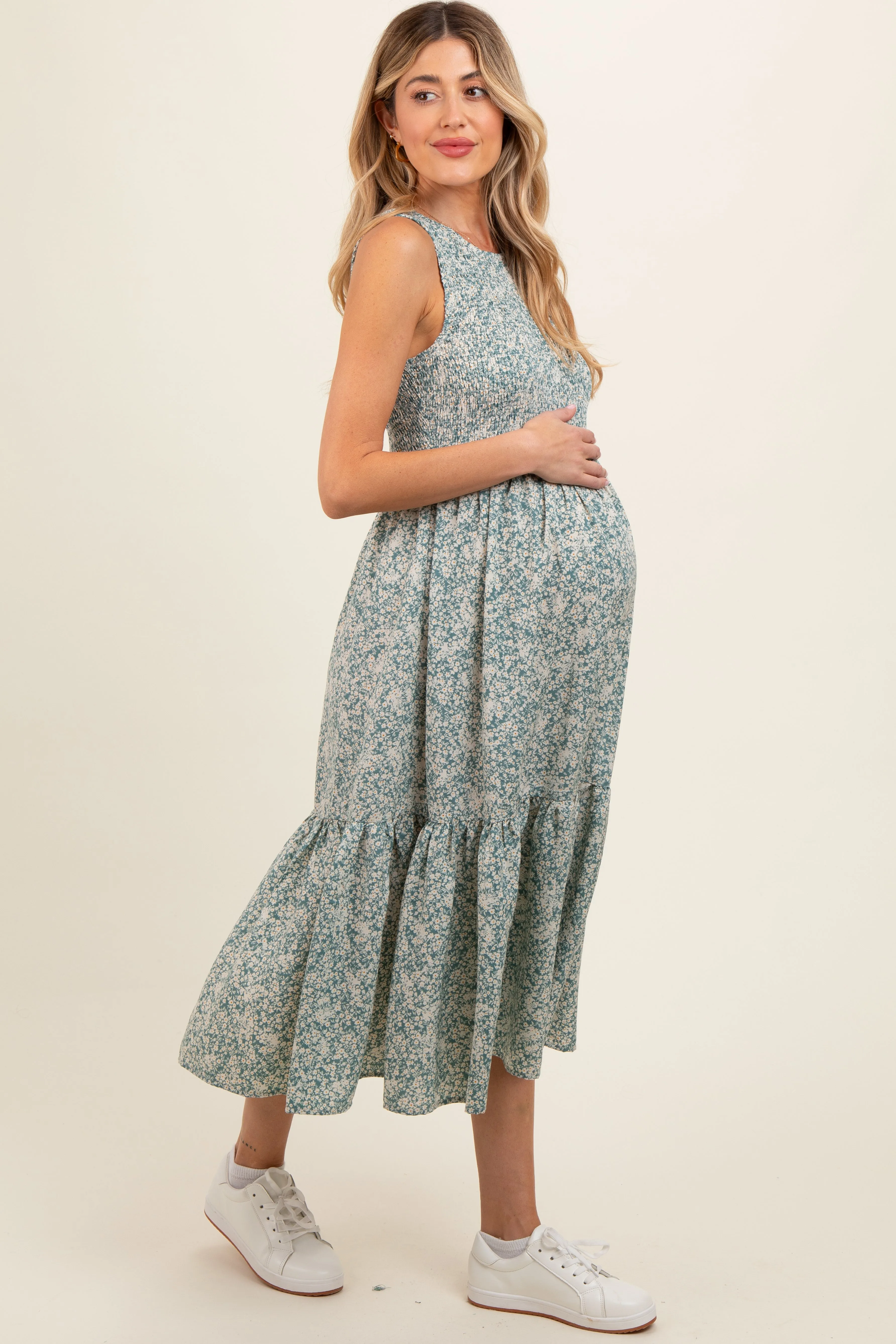 Teal Floral Smocked Ruffle Hem Sleeveless Maternity Midi Dress sold by Pinkblush product image thumbnail 4