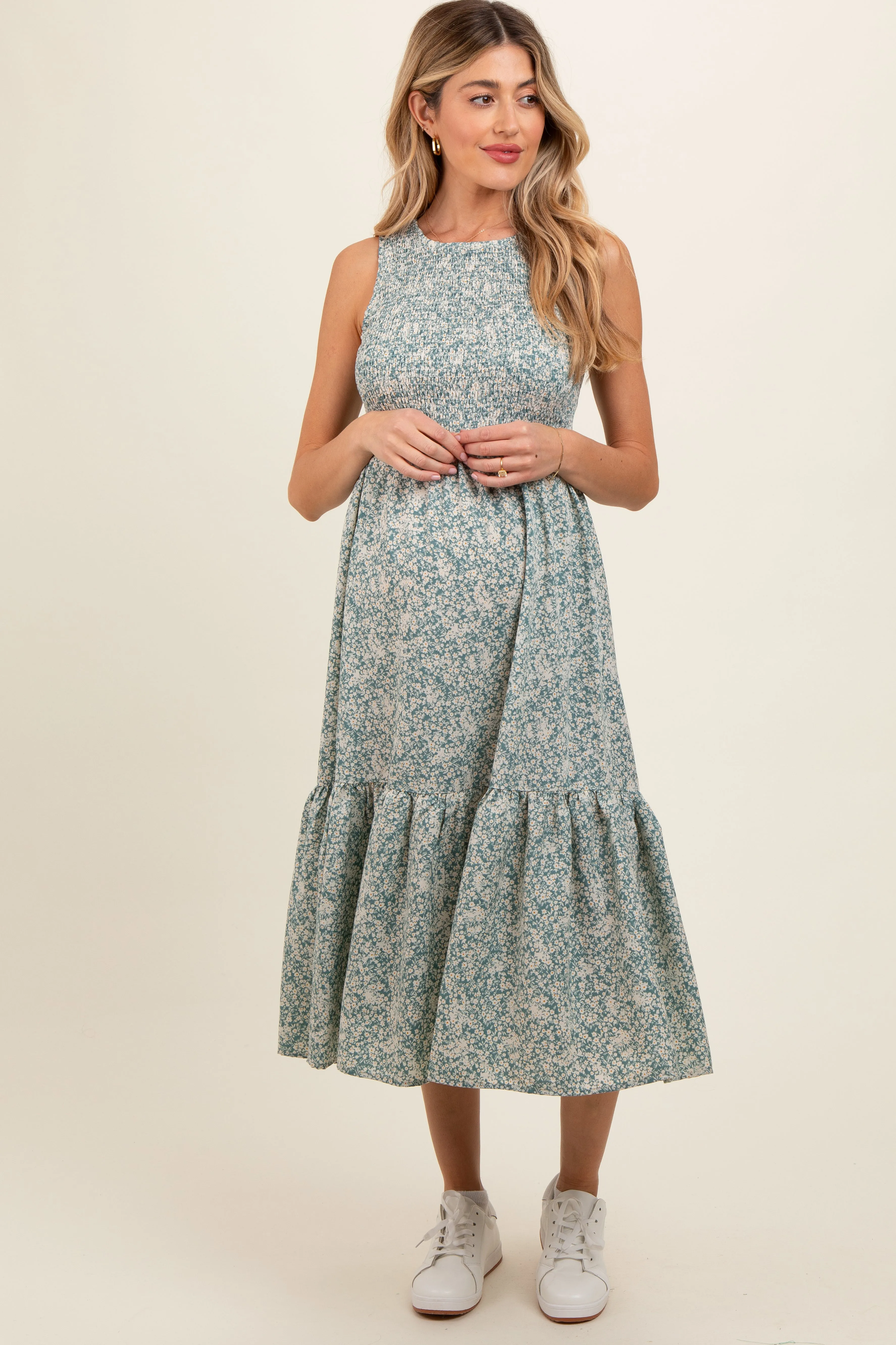 Teal Floral Smocked Ruffle Hem Sleeveless Maternity Midi Dress sold by Pinkblush