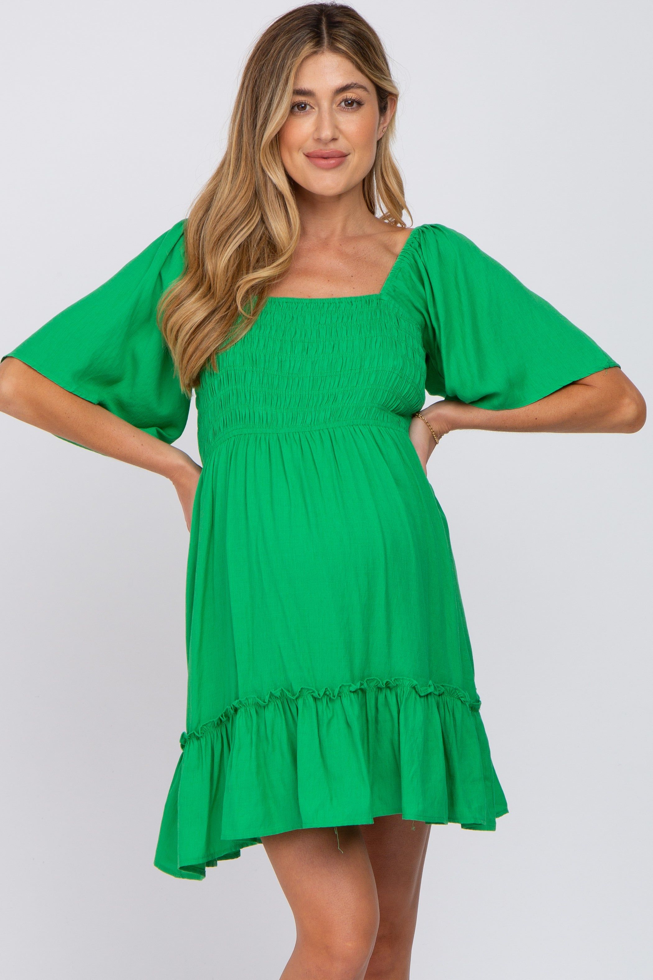 Green Smocked Tie Back Maternity Mini Dress sold by Pinkblush product image thumbnail 2